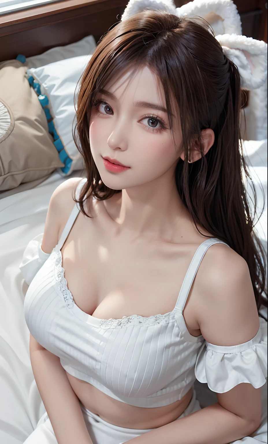 （RAW photos：1.2），high high quality，Beautiful Meticulous Girl，Bunny Girl，Lie down in bed，from the above，very detailed eyes and faces，beatiful detailed eyes，hugefilesize，A high resolution，8k wallpaper，finely detailled，The upper body wears tight thin cotton wool gray short sleeves，light in face，cinmatic lighting，16 year old girl，a sexy pose，（photorealisti：1.4），illustratio，ultra-realistic realism，from the above，super detailing， tmasterpiece， White silk pantyhose， short detailed hair