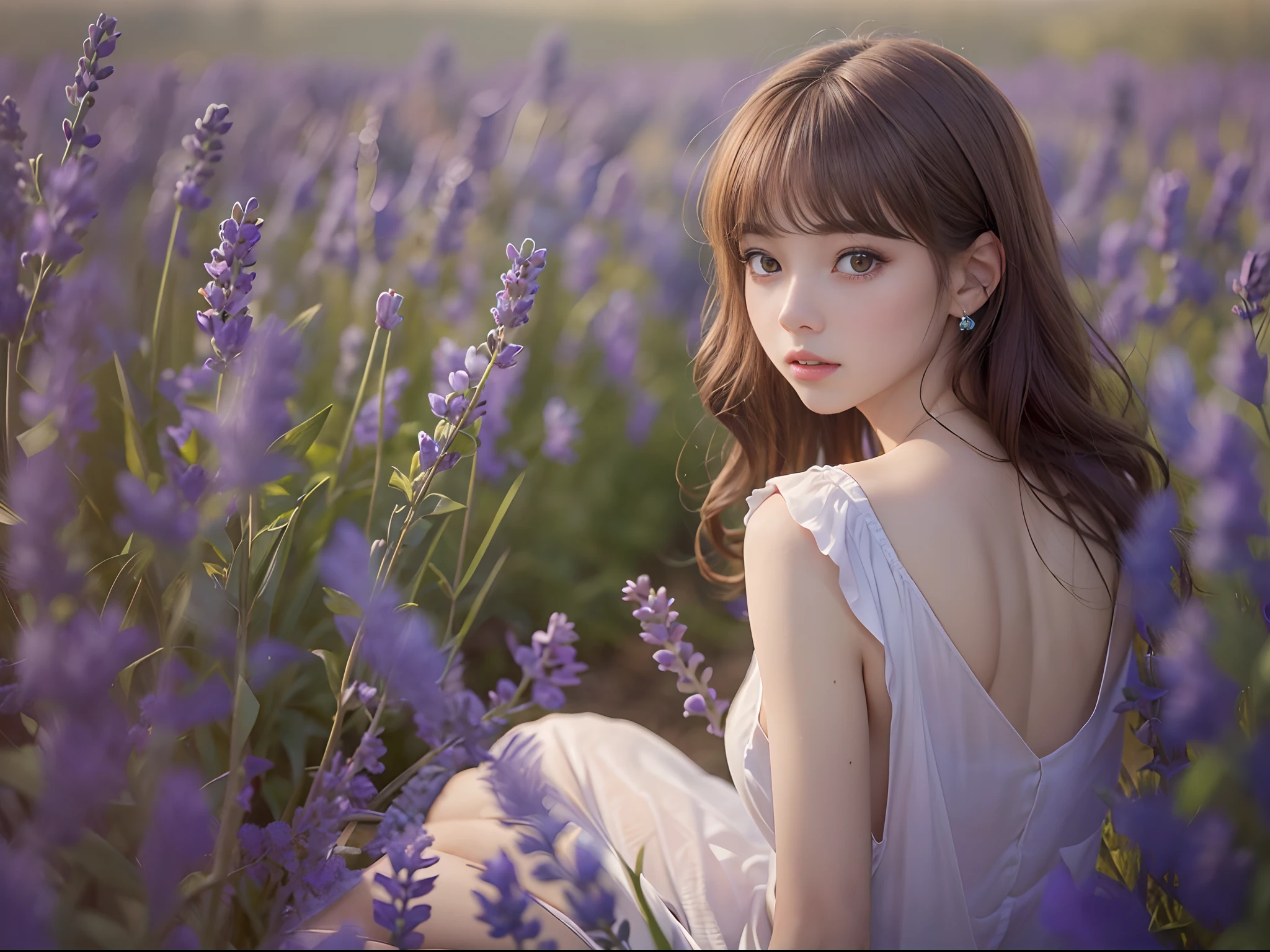 (( Real Light, Top Quality, 8k, Masterpiece: 1.3)), Normal Body Shape: 1.4, (Brown Hair, Colossal: 1.8),sitting , Open Legs, Ultra Detailed Face, Detailed Eyes, Double Eyelids, naked school girls in the lavender field