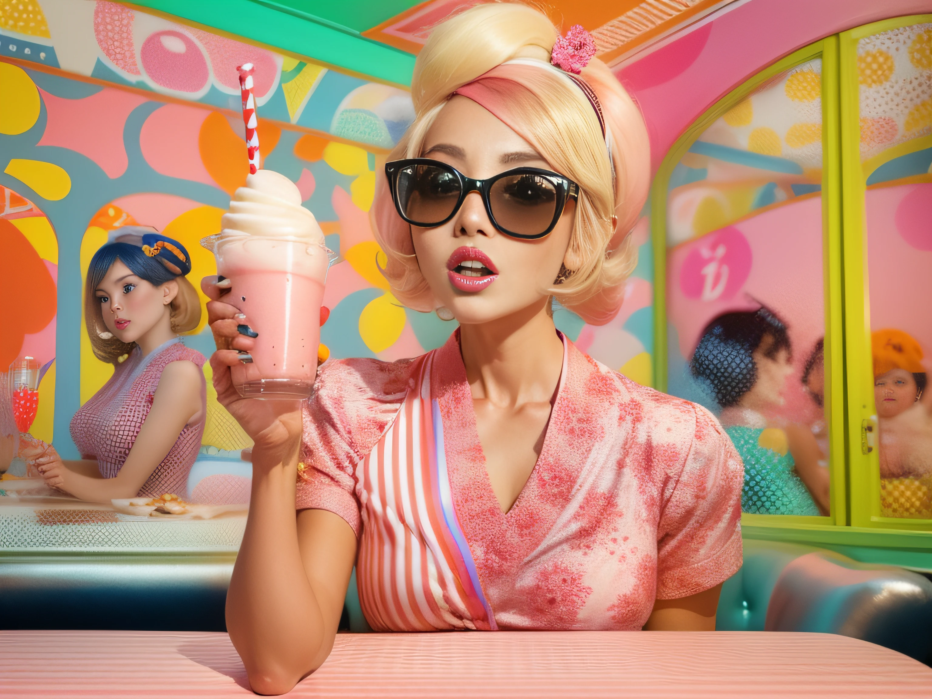 Photograph of a beautiful sexy and pink blonde hair Asian in colourful outfit, holding a BIG Milkshake in her hand,. Hyper realistic Face. (((In a sixties American pop art, dining setting))). Soft cartoon style. Wide Angle shot.