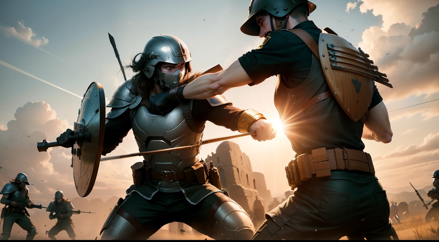 Fighting using shield defense someone defending themselves through the shield should be very beautiful carved with clarity 8k 4K soldier fighting with shield on the beautiful battlefield beautiful well done perfect sunshine battlefield battlefield, contra atacando o inimigo