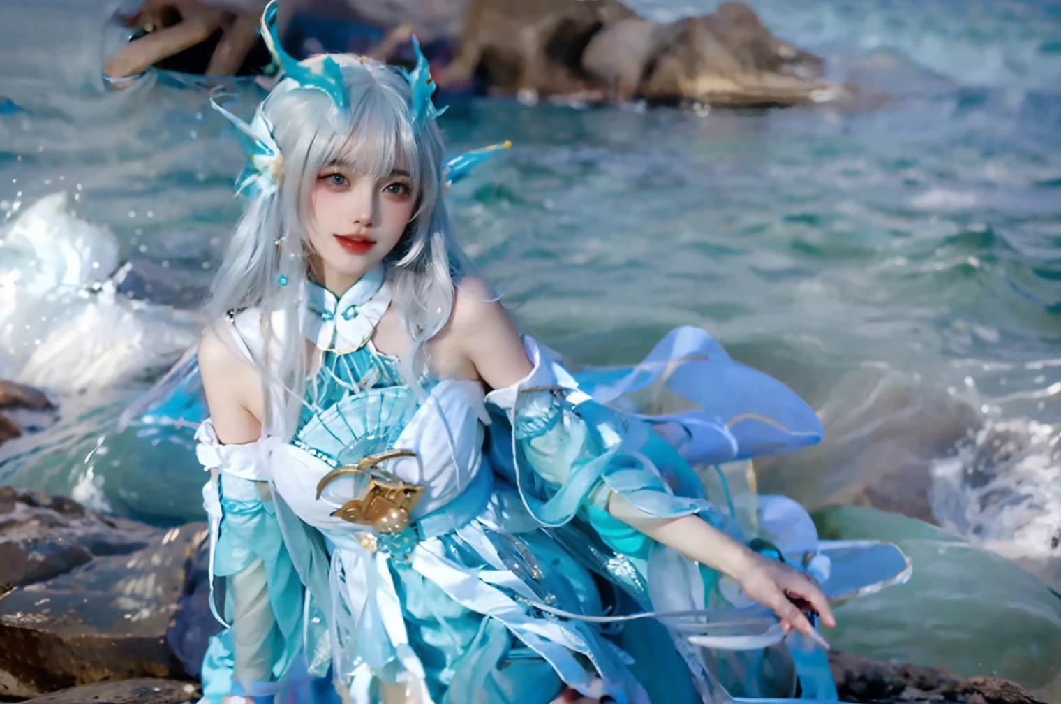 a beautiful woman in a mini blue queen dress, smiles, detailed beautiful eyes, silver hair, bangs , extremely detailed face, crown, long eyelashes, blue nails, diamond earrings, sensual, professional, masterpiece