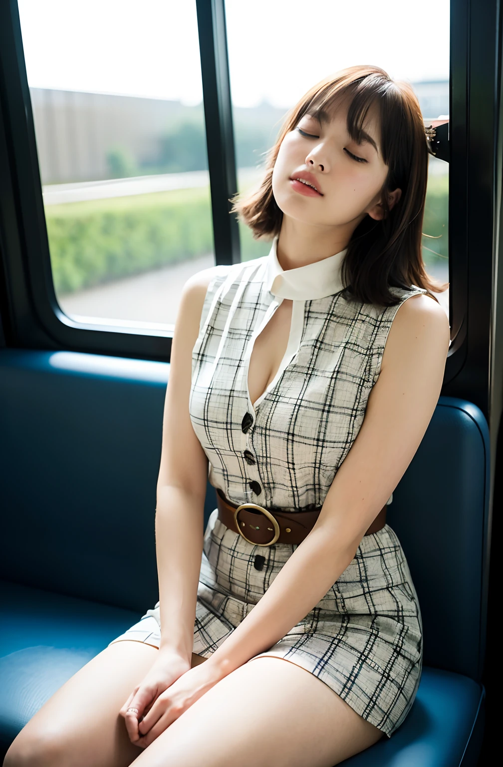 ((8K)、top-quality、​masterpiece、超A high resolution:1.2)Photo Beautiful Japan woman(pleasing:1.1) Elegance、There is a good、Transparent atmosphere、Beautiful face、Gradient lighting、1girl in、Delicate skin、Brown-eyed、(short hair with bangs:1.2)、the chest is very large、(medium areola:0.8)、(realisitic:1.4)、(top-quality:1.0)、(超A high resolution:1.0)、8K、Raw photography、(​masterpiece:0.2)、(pureerosface）、Polo Neck Bodycon Dress、Plaid、Polo shirt with collar、buttoning、a belt、Onepiece、Polo shirt style dresses、cleavage of the breast、Sleeveless、The shirt、Tight silhouette、want me、subway、In the train car、sit a chair、Ass big、Kinda chubby、chubby figure、Bangs shed to the side、organize your hairstyle well、Put your ears out、Sit up、open one's legs、Opening legs、I can see my panties、Futomo、Open both legs、sit a chair、Spread your legs and show your panties、I can see my panties、open one's legs、dozing、Are sleeping、Sleeping peacefully、fall asleep、Close your eyes、closing eye、Hands loosely stretched out、Lean your body on the right railing、sound sleep、neck tilts to the side、Mouth opens、Open your mouth、closing eye、Sexy lips、defenseless、（Overlooking angle、looking-down、looking-down、）、From  above、From directly above、