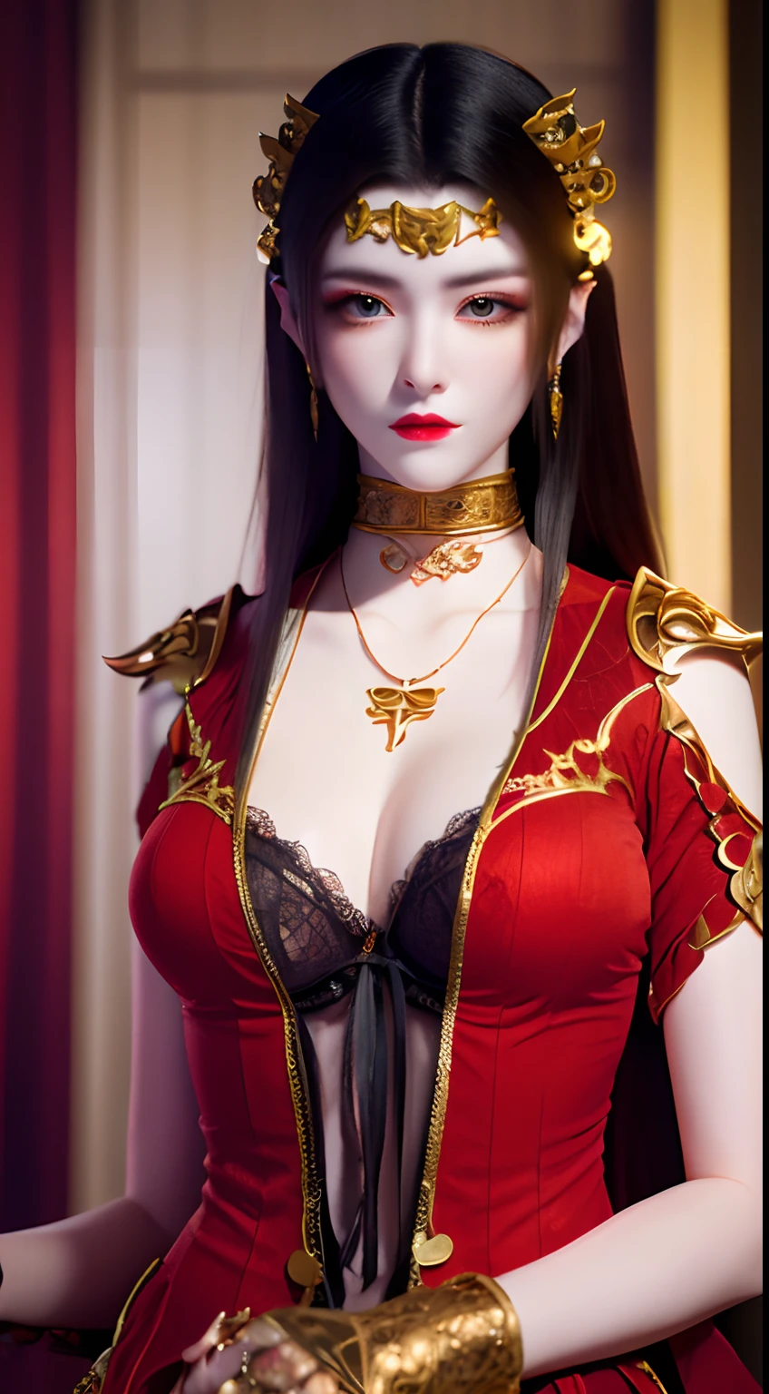 1 very beautiful queen medusha in hanfu dress, thin red silk shirt with many yellow motifs, black lace top, long hair dyed black, beautiful hair jewelry, extremely detailed and exquisitely crafted jewelry, gold jewelry, red ruby inlaid necklaces, pretty face pretty, perfect face, earring jewelry, head and hair jewelry, antique jewelry, big eyes, sharp eye makeup, meticulous makeup eyelashes, thin eyebrows, nose tall, pretty red lips, no smile, ((closed mouth:0.9)), pursed lips, rosy cheeks, breast augmentation, round lifting breasts, moderately large breasts, well-proportioned breasts, slim waist, slim waist, red mesh stockings with black lace, Chinese hanfu style, fictional art patterns, colors vivid and realistic, RAW photos, realistic photos, ultra-high quality 8k surreal photos, cool photos, (virtual lighting effects: 1.8), 10x pixels, magic effects (background): 1.8), eyes wide open, super detailed eyes, beautiful girl body portrait, girl alone, ancient hanfu background, looking directly at the audience, wide original photo, 8k quality, super sharp, detailed and clear picture best, detailed light background,
