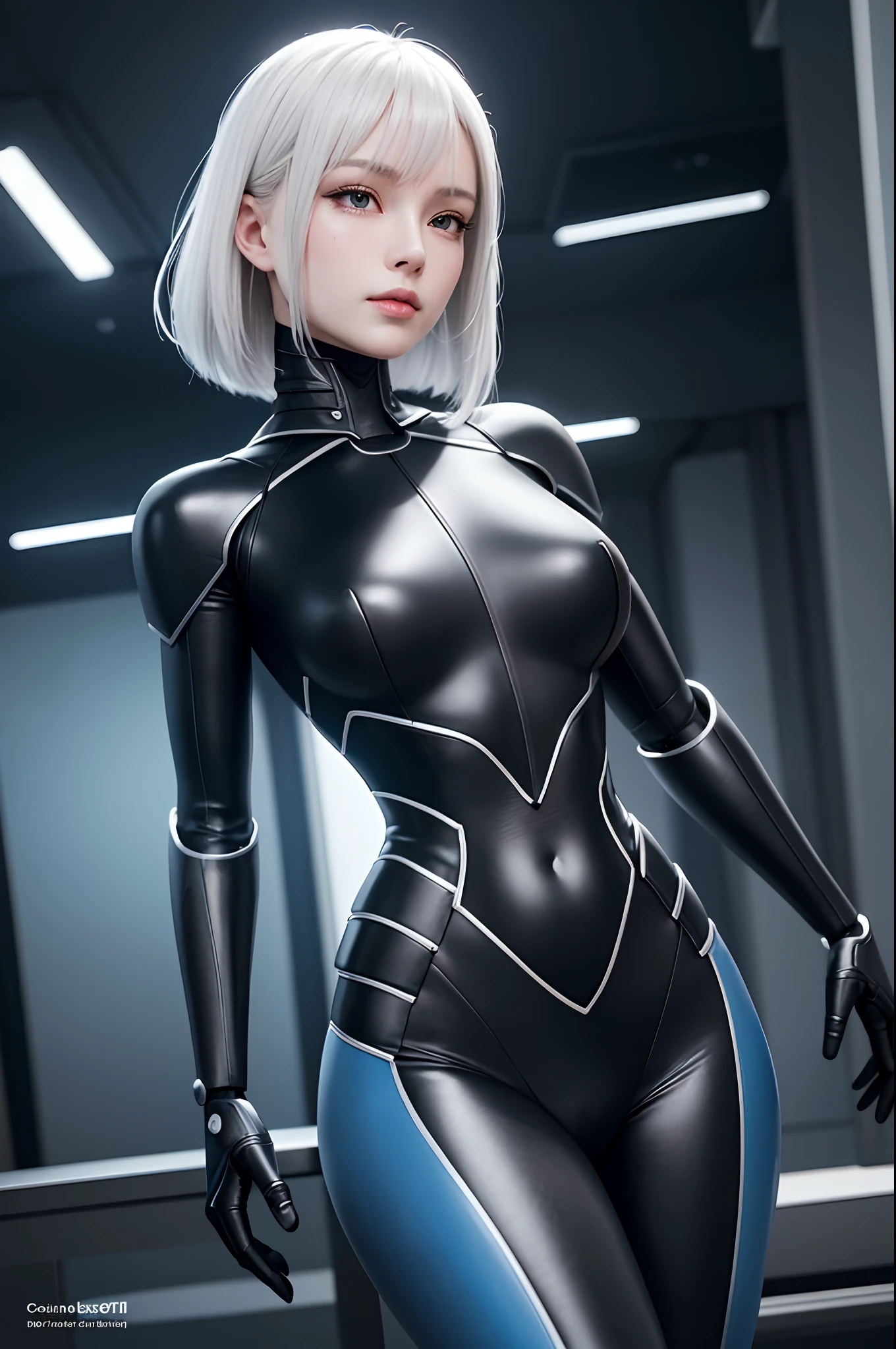 Complex 3d rendering very detailed beautiful ceramic silhouette female robot face, black rough lycra leotard, glowing blue band, cyborg, robot parts, robotic arm, robotic legs, looking viewer, 150mm, soft light, edge light, vibrant detail, luxurious cyberpunk, lace, surrealism, anatomy, facial muscles, tight, cable wire, microchip, elegant, beautiful background, octane rendering, HR Giger style, 8k, best quality, masterpiece, illustration , extremely refined and beautiful, extremely detailed, CG, unified, wallpaper, (realistic, realistic: 1.37), amazing, fine details, masterpiece, best quality, official art, very detailed CG unified 8k wallpaper, full body, grinning, standing, sexy pose, small tits, futuristic city, architecture, outdoors