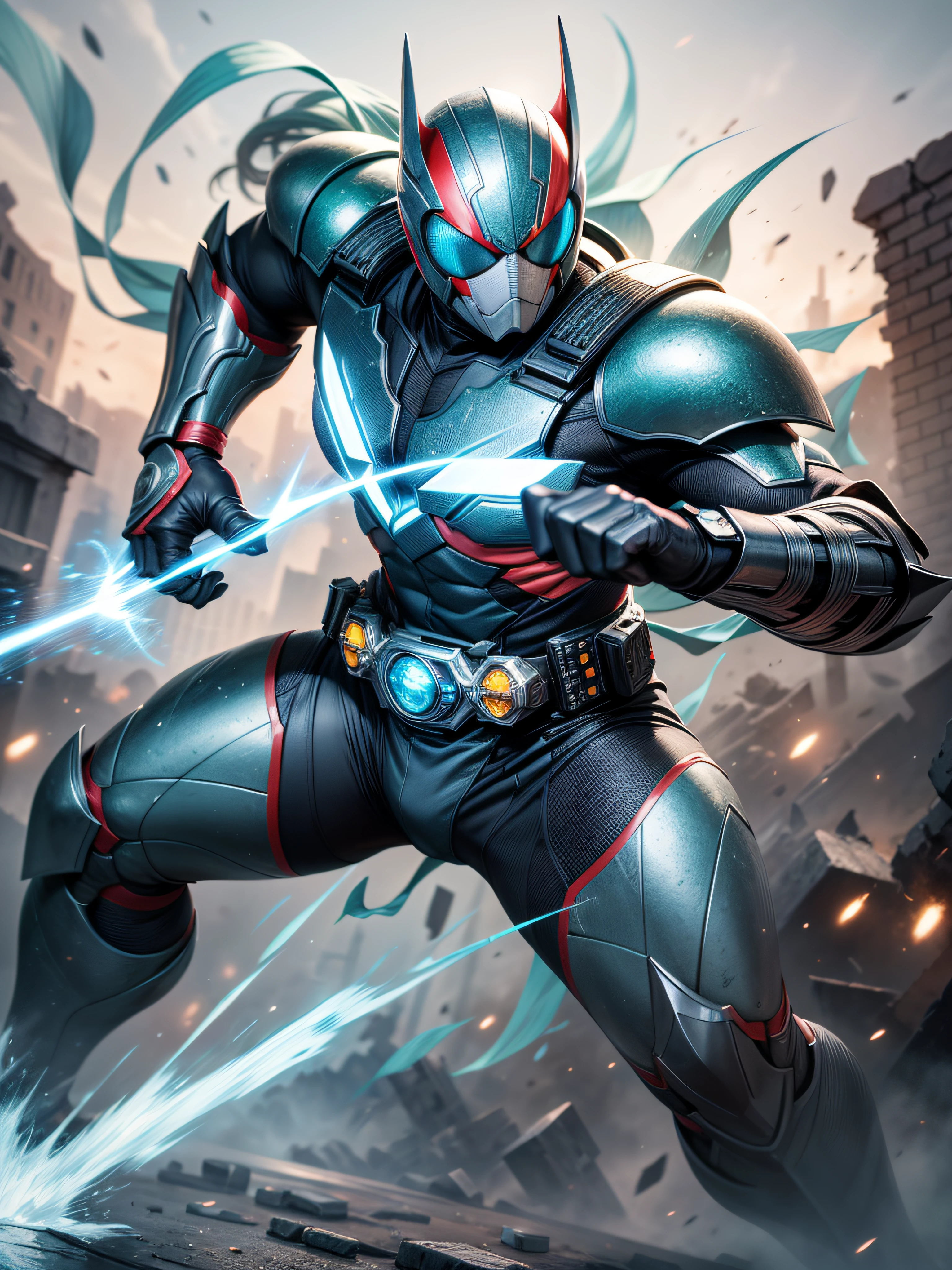 (Masterpiece, best picture quality),1boy, Kamen Rider, Blue and White Color Matching, (dynamic pose | element surround:1.2), low angle view, hyper detailed, battle ruins, fierce, shock wave, outdoor, battlefield background,