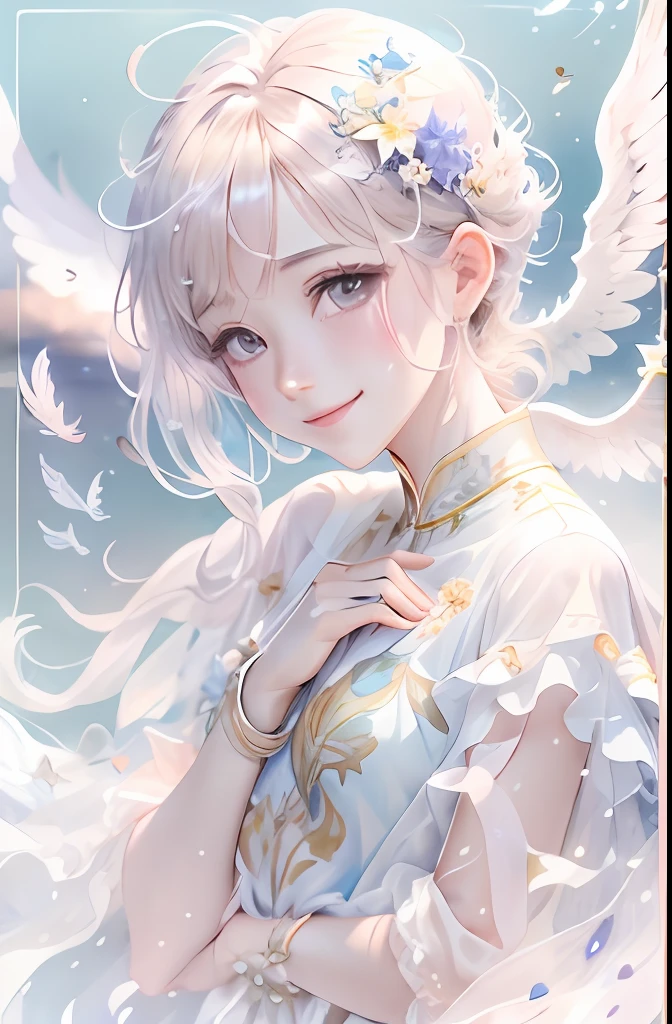 Beautiful transparent male and female angel、Beautiful sparkling ocean、Transparent feathers、kindly smile、Summer background、Gentle and transparent angel、Watercolor Paint