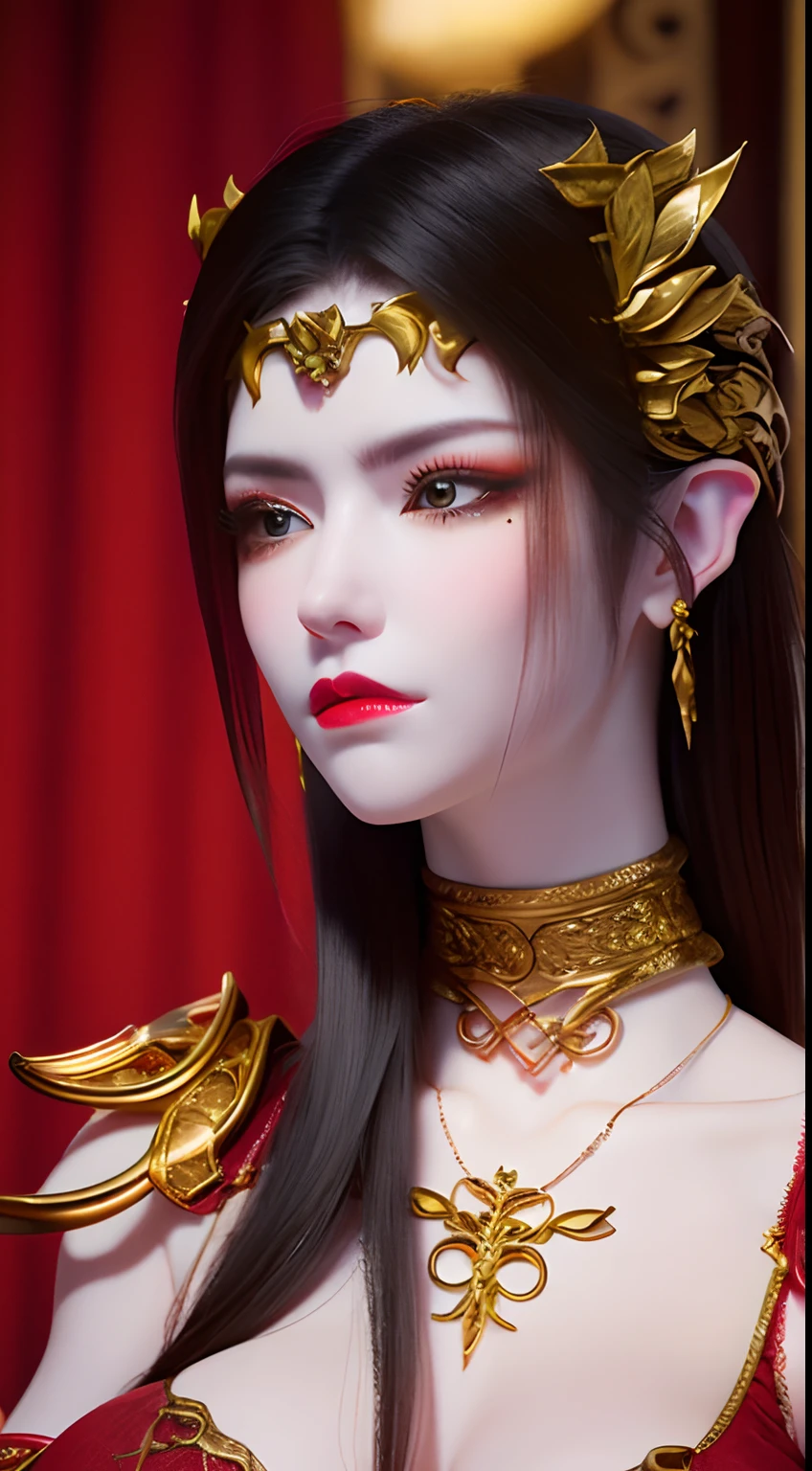 1 very beautiful queen medusha in hanfu dress, thin red silk shirt with many yellow motifs, black lace top, long hair dyed black, beautiful hair jewelry, extremely detailed and exquisitely crafted jewelry, gold jewelry, red ruby ​​inlaid necklaces, pretty face pretty, perfect face, earring jewelry, head and hair jewelry, antique jewelry, big eyes, sharp eye makeup, meticulous makeup eyelashes, thin eyebrows, nose tall, pretty red lips, no smile, ((closed mouth:0.9)), pursed lips, rosy cheeks, breast augmentation, round lifting breasts, moderately large breasts, well-proportioned breasts, slim waist, slim waist, red mesh stockings with black lace, Chinese hanfu style, fictional art patterns, colors vivid and realistic, RAW photos, realistic photos, ultra-high quality 8k surreal photos, cool photos, (virtual lighting effects: 1.8), 10x pixels, magic effects (background): 1.8), eyes wide open, super detailed eyes, beautiful girl body portrait, girl alone, ancient hanfu background, looking directly at the audience, wide original photo, 8k quality, super sharp, detailed and clear picture best, detailed light background,