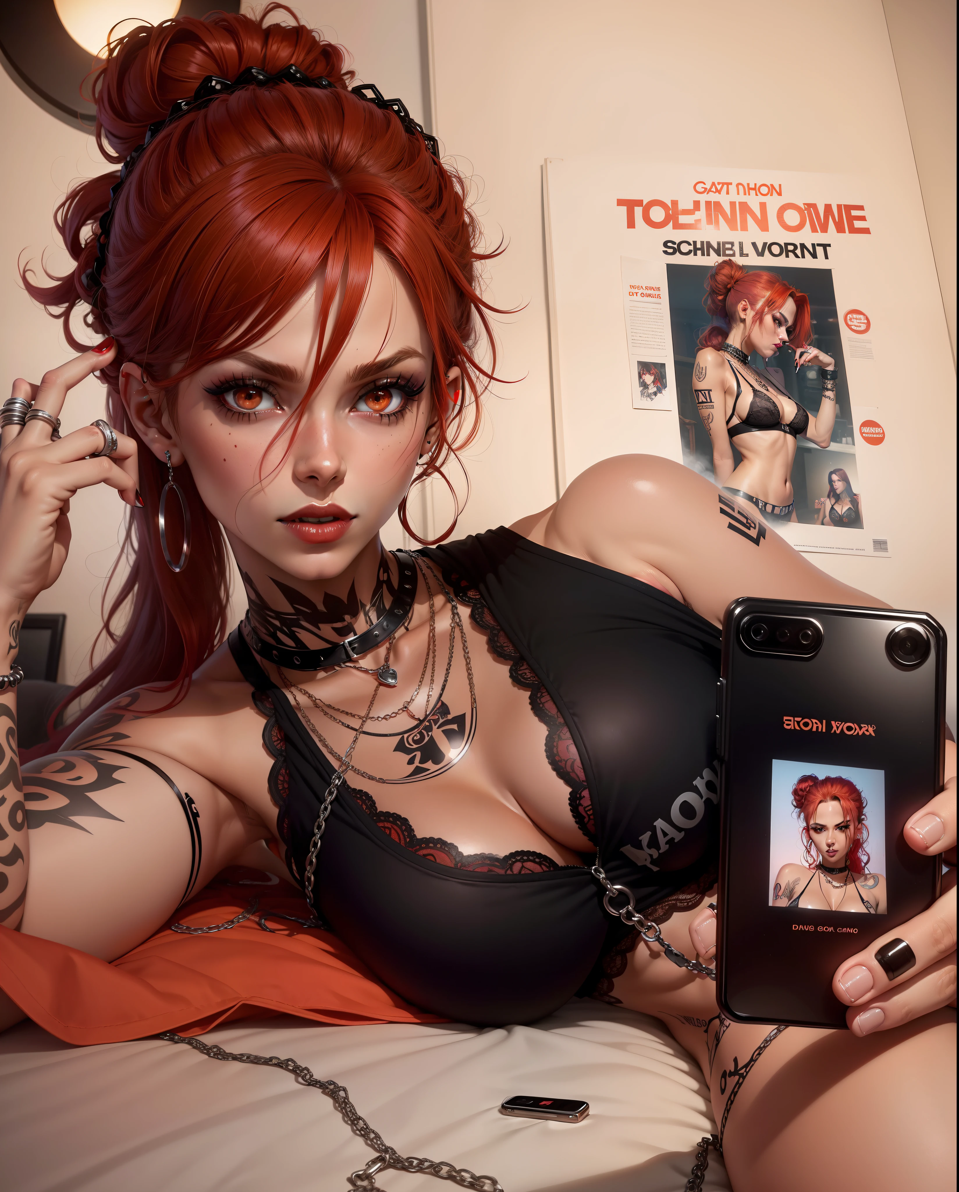 sexy tan woman, goth, blood red hair in a bun, curly, lip piercing, tattoos, wearing lace black and red lingerie bra lots of chains and necklaces, holding a phone and taking a photo, david bowie poster in background, rings on hand, casual, beautiful woman, alt, goth girl, red hair. goth makeup, laying down in bed, athletic woman. Black nail polish, orange/red bright eyes, eyebrow piercing