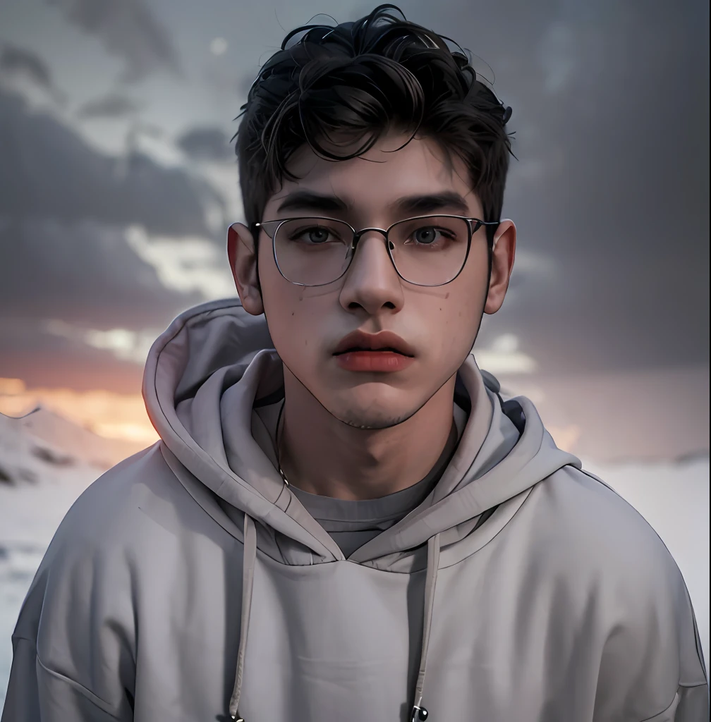 (masterpiece:1.2), (best quality:1.2), hyper realistic,highestres,absurdres,extremely detailed,volumetic,dramatic lighting,(frontal view),
20 year old boy,face,detailed eyes, grey hoodie, black t-shirt, with background ((sky))
