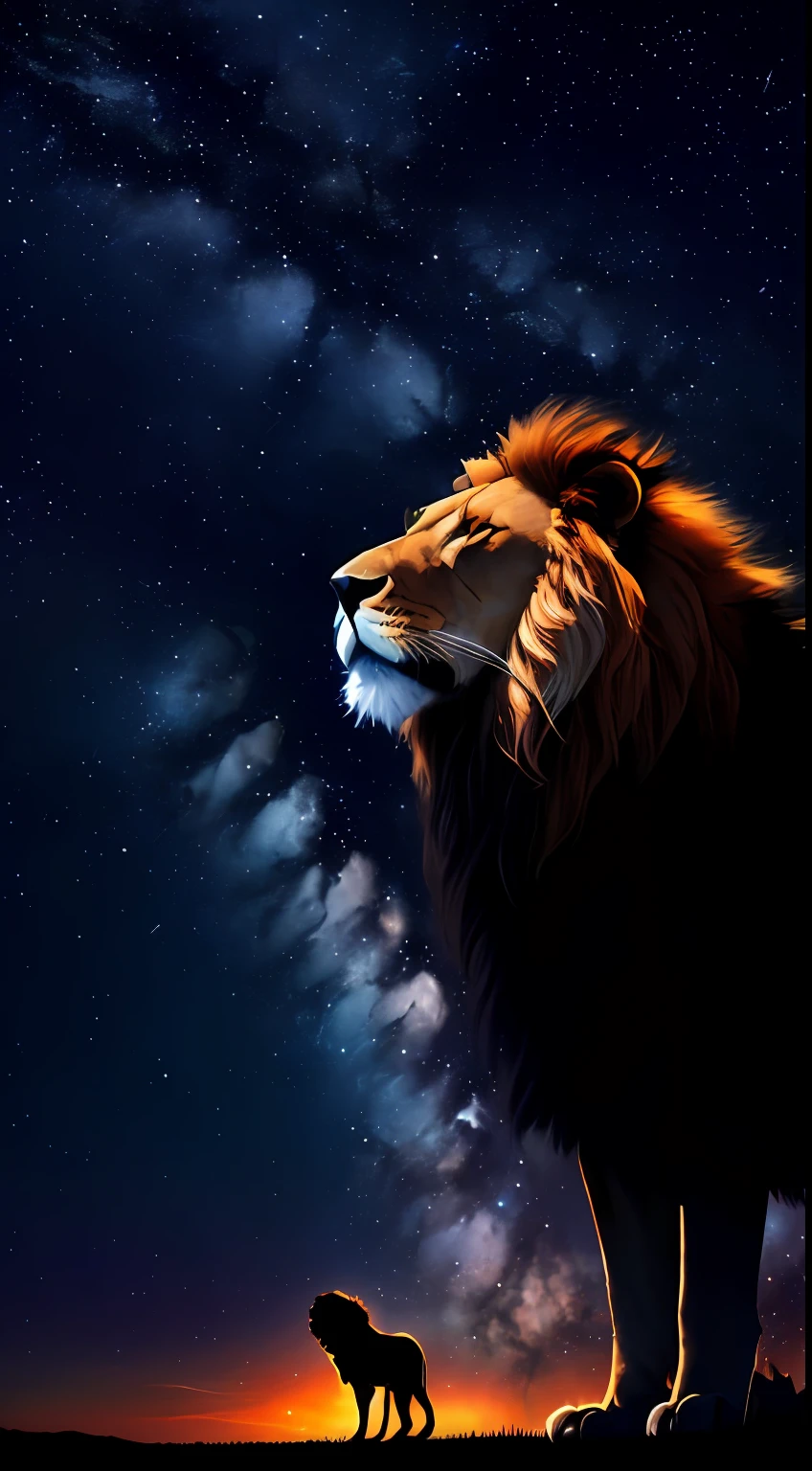 Paisagem expansiva (sky and open field below) lion with blood dripping from mouth ( realista 4K) sky full of stars and nebulae
