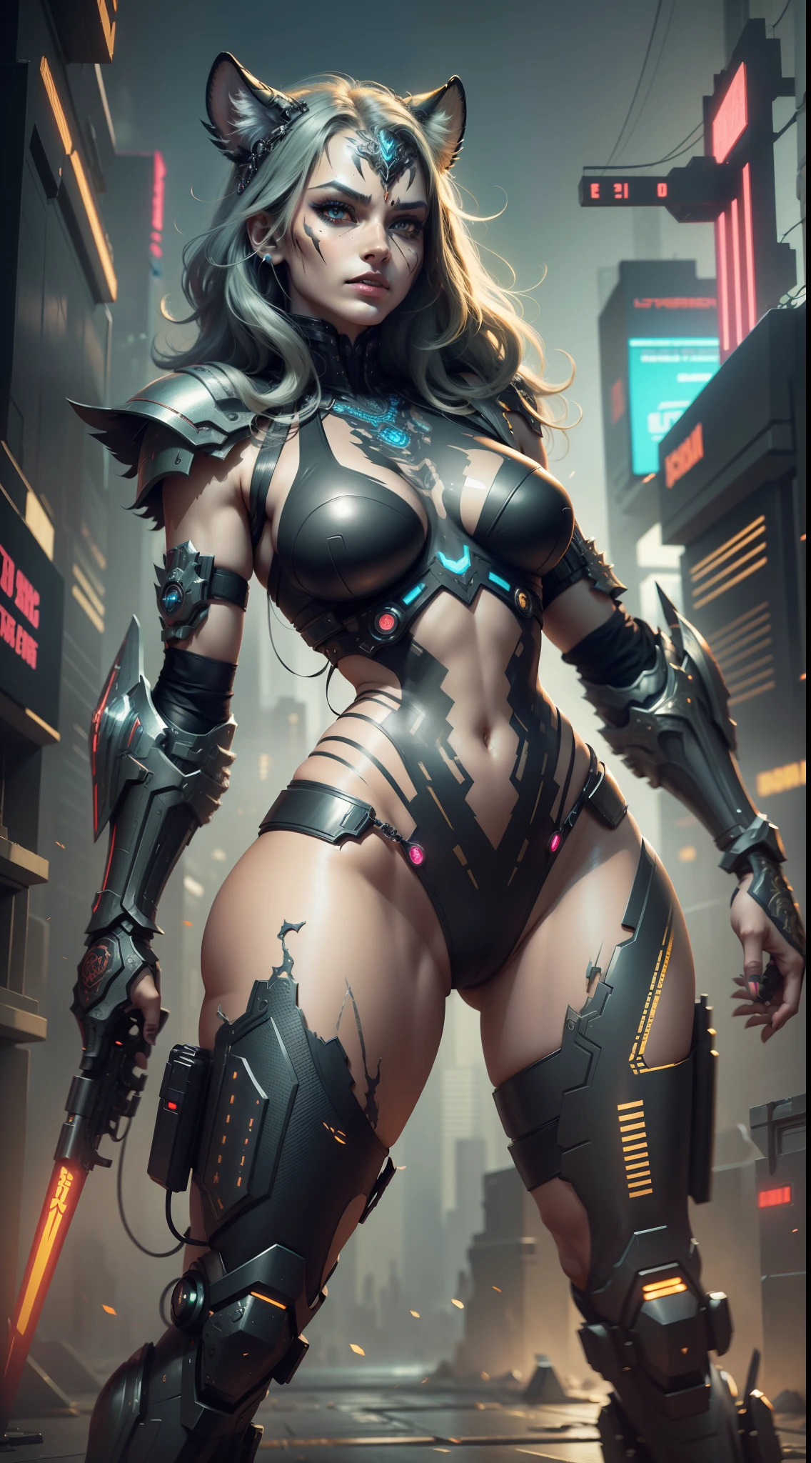 (masterpiece) demon tigress, beautiful face, full body, in cyberpunk armor, legs in tight armour, (delicate facial detail) valkyrie warrior, cyberpunk style color scheme, ((intricate detail, highly detailed)) 8K.