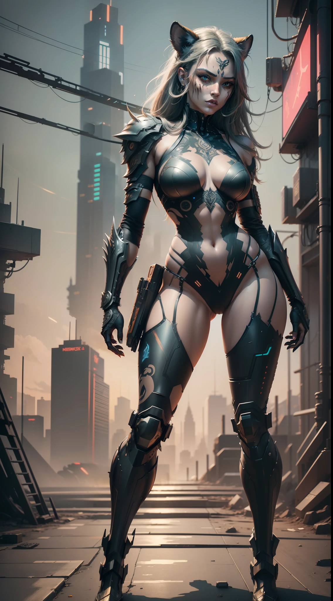 (masterpiece) demon tigress, beautiful face, full body, in cyberpunk armor, legs in tight armour, (delicate facial detail) valkyrie warrior, cyberpunk style color scheme, ((intricate detail, highly detailed)) 8K.