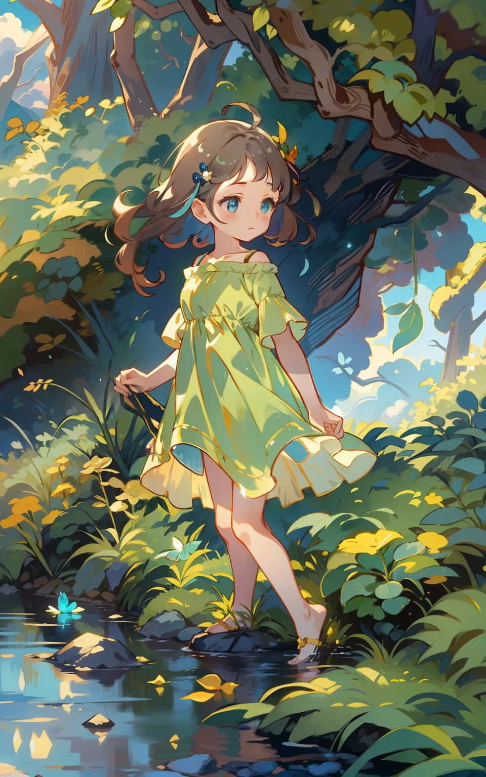 Mori fairy tales:A cute girl in a mysterious forest,Green dress,By the creek,Cogumelos,Curious eyes,Childlike emotions,Moss stone,with blue sky and white clouds,Natural fairy tale atmosphere