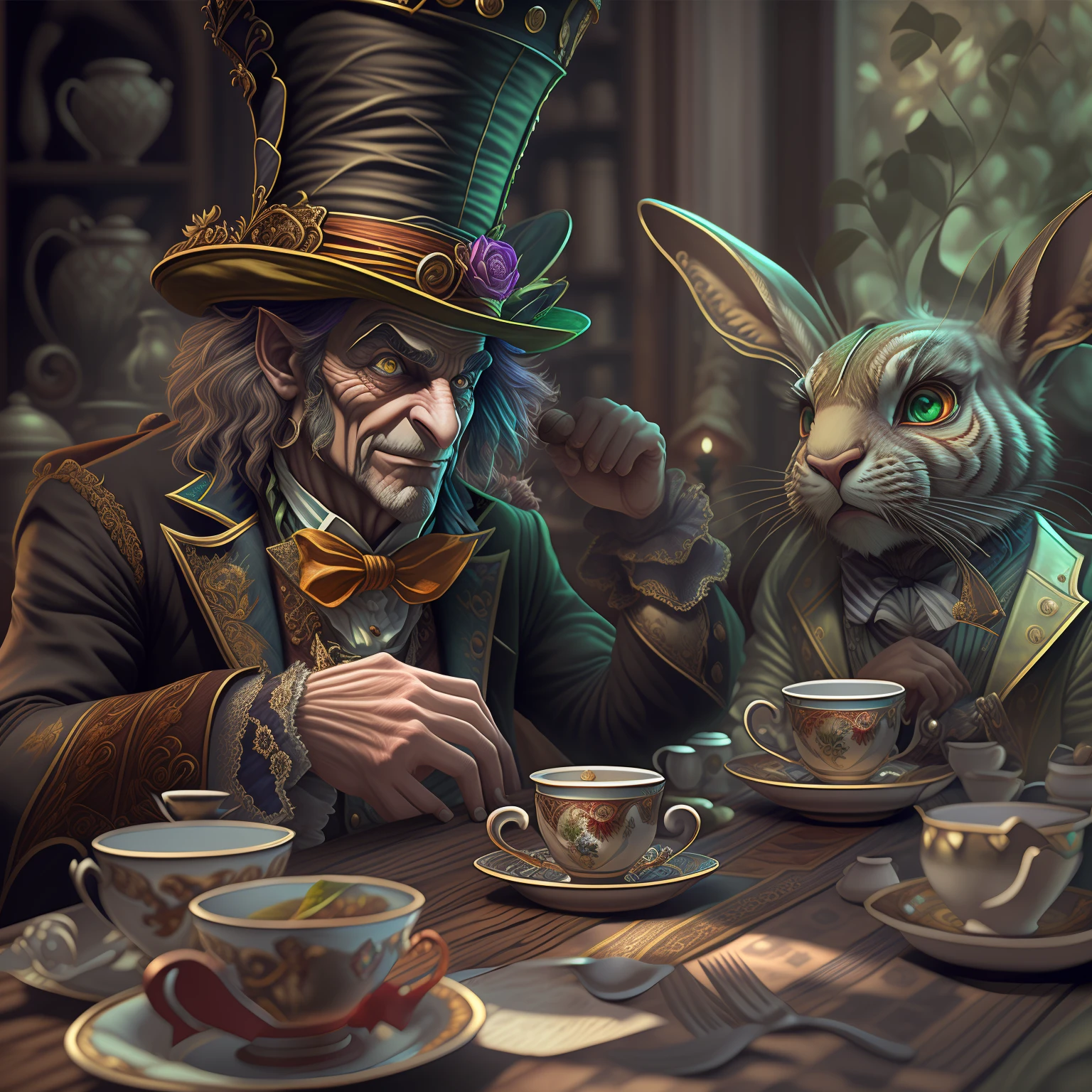 ((mad hatter, whose character is distinguished by nobility, Courage, charisma and some shyness, Talented and outstanding)) , At the table he drinks tea with a March hare, (()), Ambient Occlusion, Moody Lighting, (8k resolution), 8k, 8kres, 8k res, absurdres, hight resolution, higly detailed, detailed and intricate, intricate detials, tall, intricate details, absurd amount of details, super resolution, Ultra HD, Megapixel,