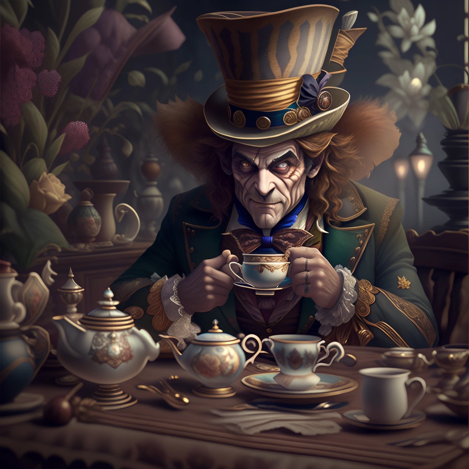 ((mad hatter, whose character is distinguished by nobility, Courage, charisma and some shyness, Talented and outstanding)) , At the table he drinks tea with a March hare, (()), Ambient Occlusion, Moody Lighting, (8k resolution), 8k, 8kres, 8k res, absurdres, hight resolution, higly detailed, detailed and intricate, intricate detials, tall, intricate details, absurd amount of details, super resolution, Ultra HD, Megapixel,