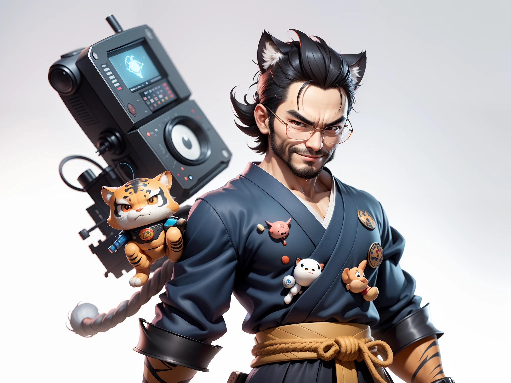 (Daisaku),(Need),(Super meticulous),(full bodyesbian:1.2),Super young man with Japanese geisha，Beautiful，orient，one tiger，Aeolian Thor，Raised sexy，爆乳，Oriental face，TV Anchor，Bust portrait illustration，In black suit，a blue tie，The face is slightly chubby，The face was clean，without a beard，Black super short hair，Black eyes，Smile confidently，3C computer sub-products，iPad， iphone，Digital painting，3D character design by Mark Clairen and Pixar and Hayao Miyazaki and Akira Toriyama，The illustration is a high-definition illustration in 4K resolution，With very detailed facial features and cartoon-style visuals。
