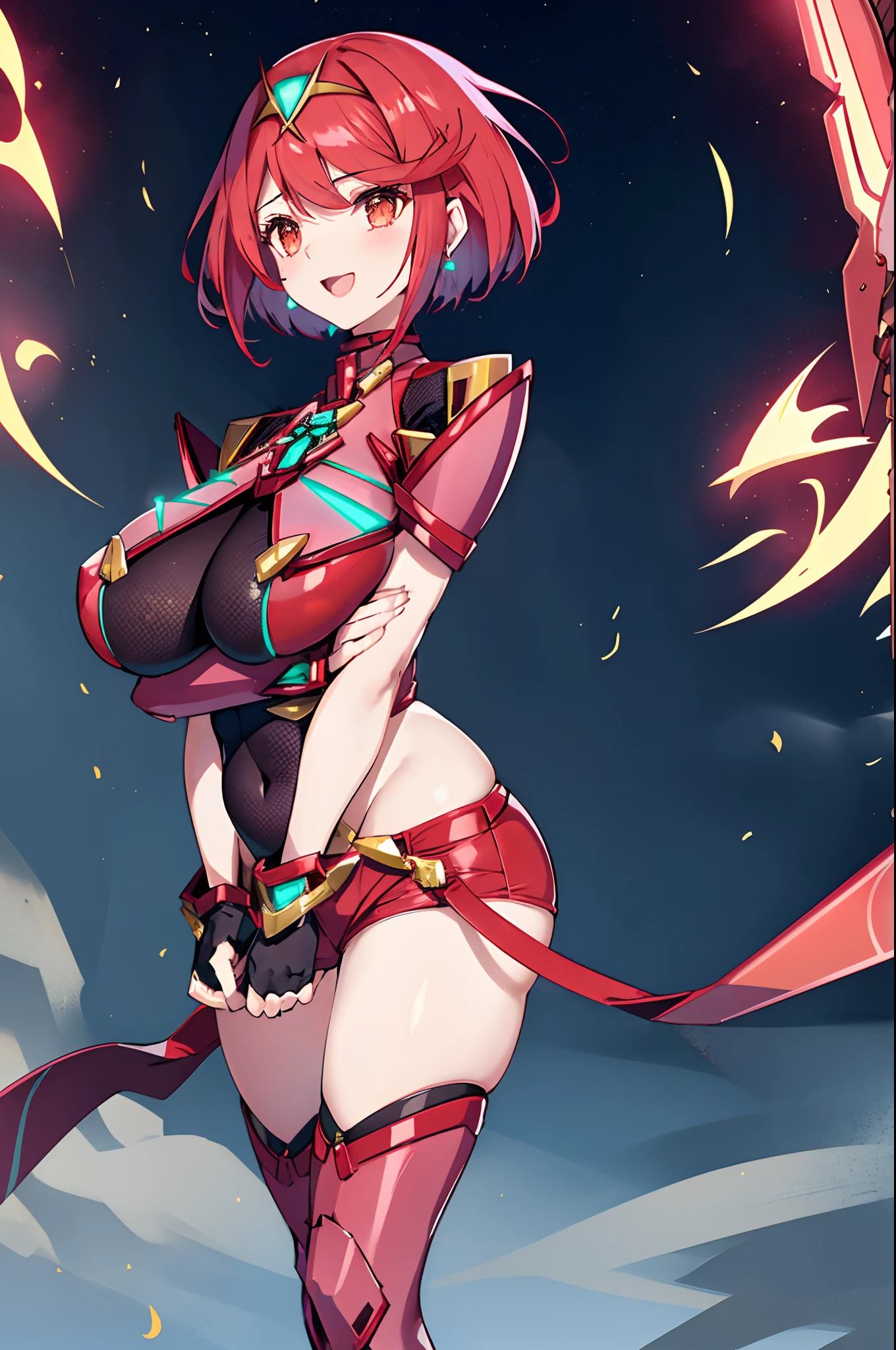 pyra \(xenoblade\), teen_1girl, armor, bangs, black gloves, breasts, red eyes, closed mouth, earrings, eyelashes, fingerless gloves, floating hair, framed breasts, gem, gloves, hair ornament, headpiece, jewelry, big_breasts, leaning back, leotard, neon trim, official art, pose, red hair, red shorts, saitou masatsugu, short hair, short shorts, short sleeves, shorts, sidelocks, skin tight, solo, standing, swept bangs, thighhighs, tiara, night_prairie_background, turtleneck, underbust, vambraces, xenoblade chronicles \(series\), (xenoblade chronicles 2), apart_legs, fire_effect,dynamic_pose,fighting,light_smile, (plump:1.1), big_ass,huge_sword, hold_large_sword_hilt, solo, covered_nipples, covered_pussy,open_mouth,back_view, fists,
