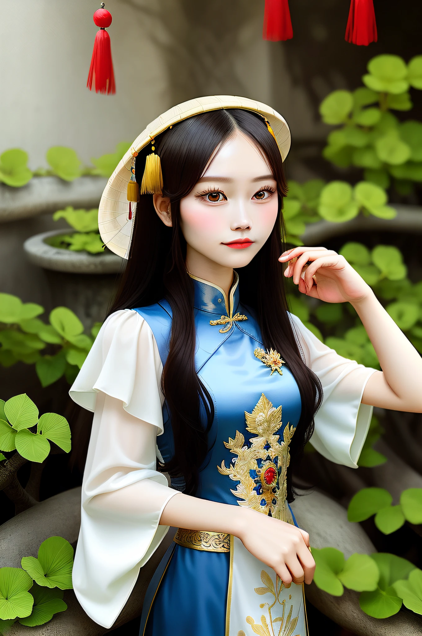 a woman in a hat and dress, vietnamese empress, vietnamese woman, vietnamese empress, fairies, inspired by vietnamese princess, traditional vietnamese, inspired by Ao Dai vietnamese, a young woman vietnamese 18 years old