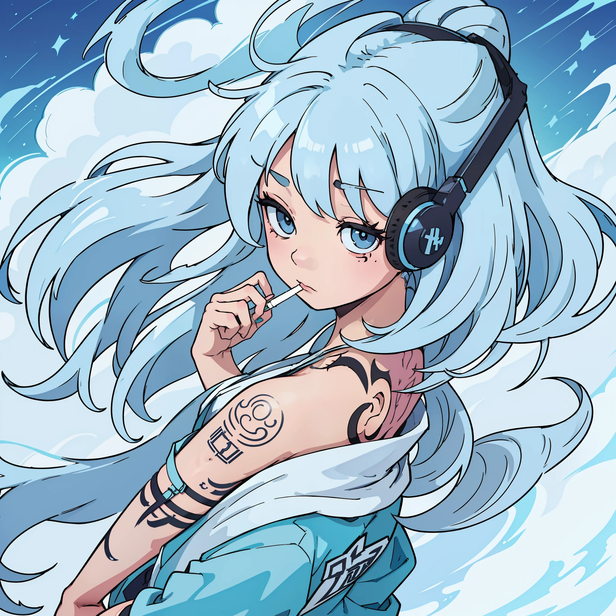 Ultra High Definition 2D Art、a closeup(1womanl)、Light blue hair、2 d anime style、Smoking weed、Wearing headphones、Soft and delicate depiction、Also pay attention to her full-body tattoo(full body art) Tattoo expert designs、Beautiful Girl。
