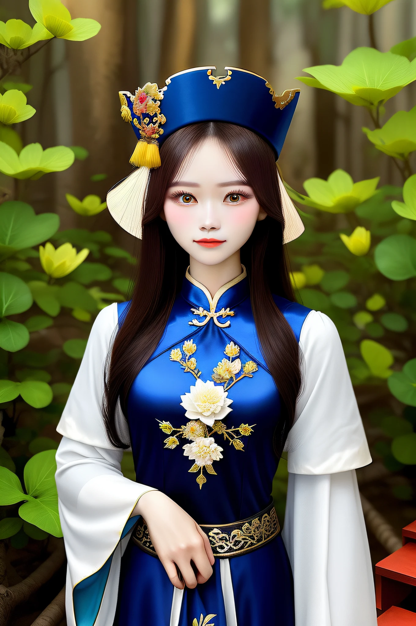 a woman in a hat and dress, vietnamese empress, vietnamese woman, vietnamese empress, fairies, inspired by  vietnamese princess, traditional vietnamese, inspired by Ao Dai vietnamese, a young woman vietnamese 18 years old