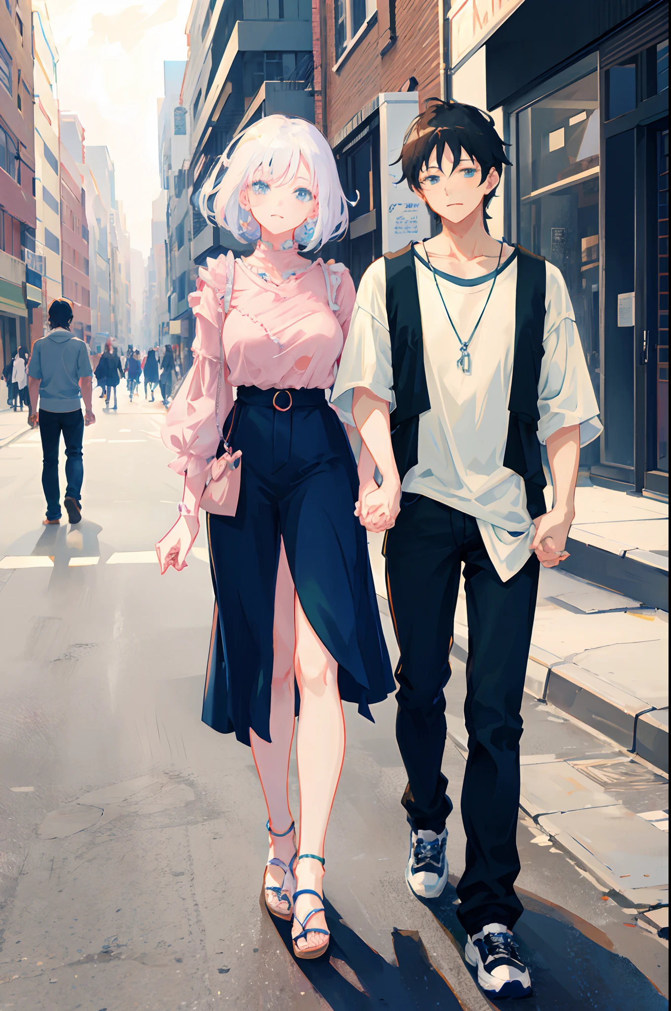 Anime couple walking down the street holding hands, artwork in the style of guweiz, Walking together, In anime style, Anime style. 8K, Modern anime style, anime style illustration, anime style 4 k, in city street, In an anime style, in the city street, anime full body illustration, Style Anime, lovely couple, beautiful anime art style