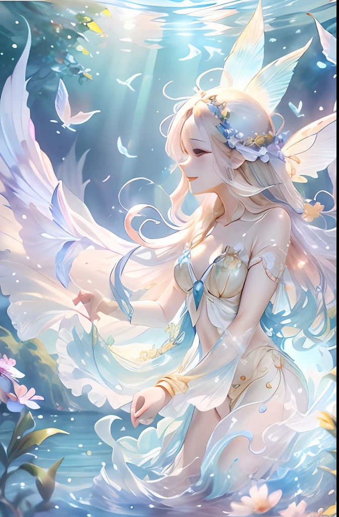 Beautiful transparent male and female fairy、Beautiful sparkling ocean、Transparent feathers、kindly smile、Summer background、Gentle and transparent fairy、Watercolor Paint