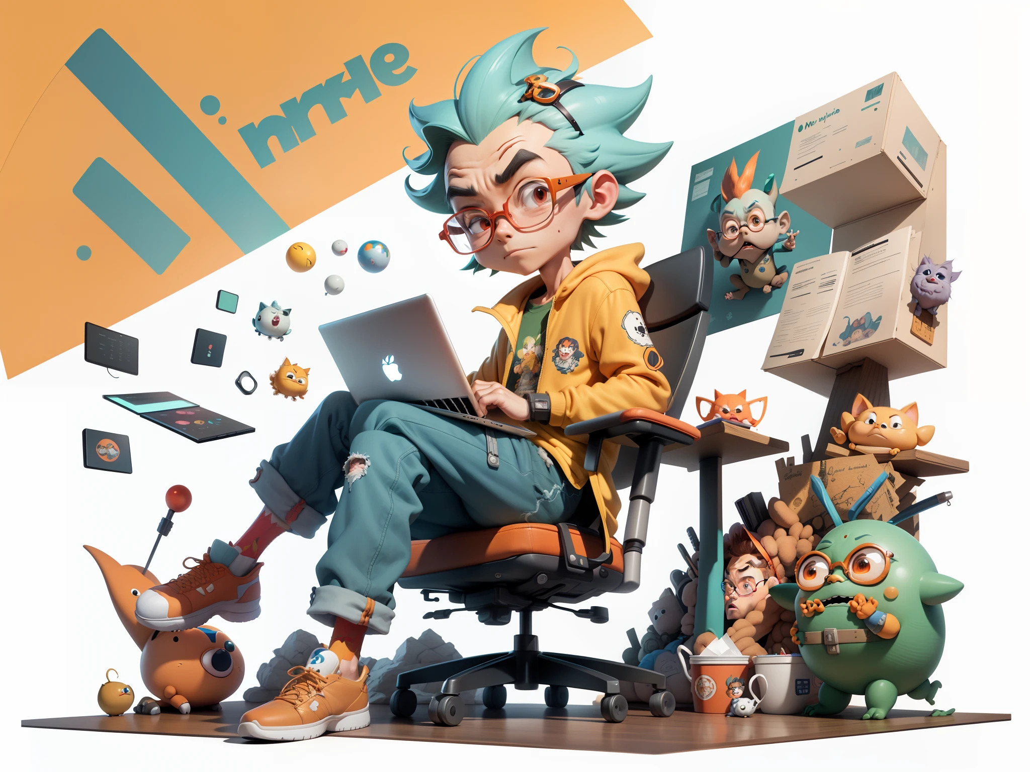 A young man with glasses sits at his desk,holding laptop,digitial painting,3D character design by Mark Clairen and Pixar and Hayao Miyazaki and Akira Toriyama,4K HD illustration,Very detailed facial features and cartoon-style visuals。