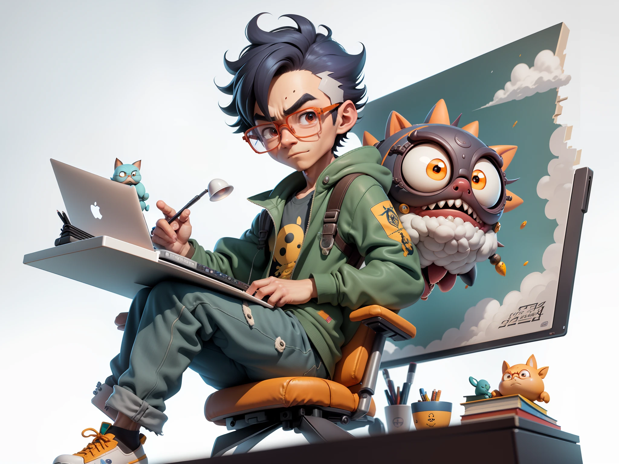 A young man with glasses sits at his desk,holding laptop,digitial painting,3D character design by Mark Clairen and Pixar and Hayao Miyazaki and Akira Toriyama,4K HD illustration,Very detailed facial features and cartoon-style visuals。