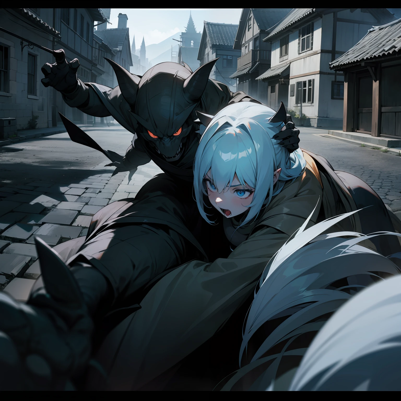 Monsters attack people in a village at night, non color