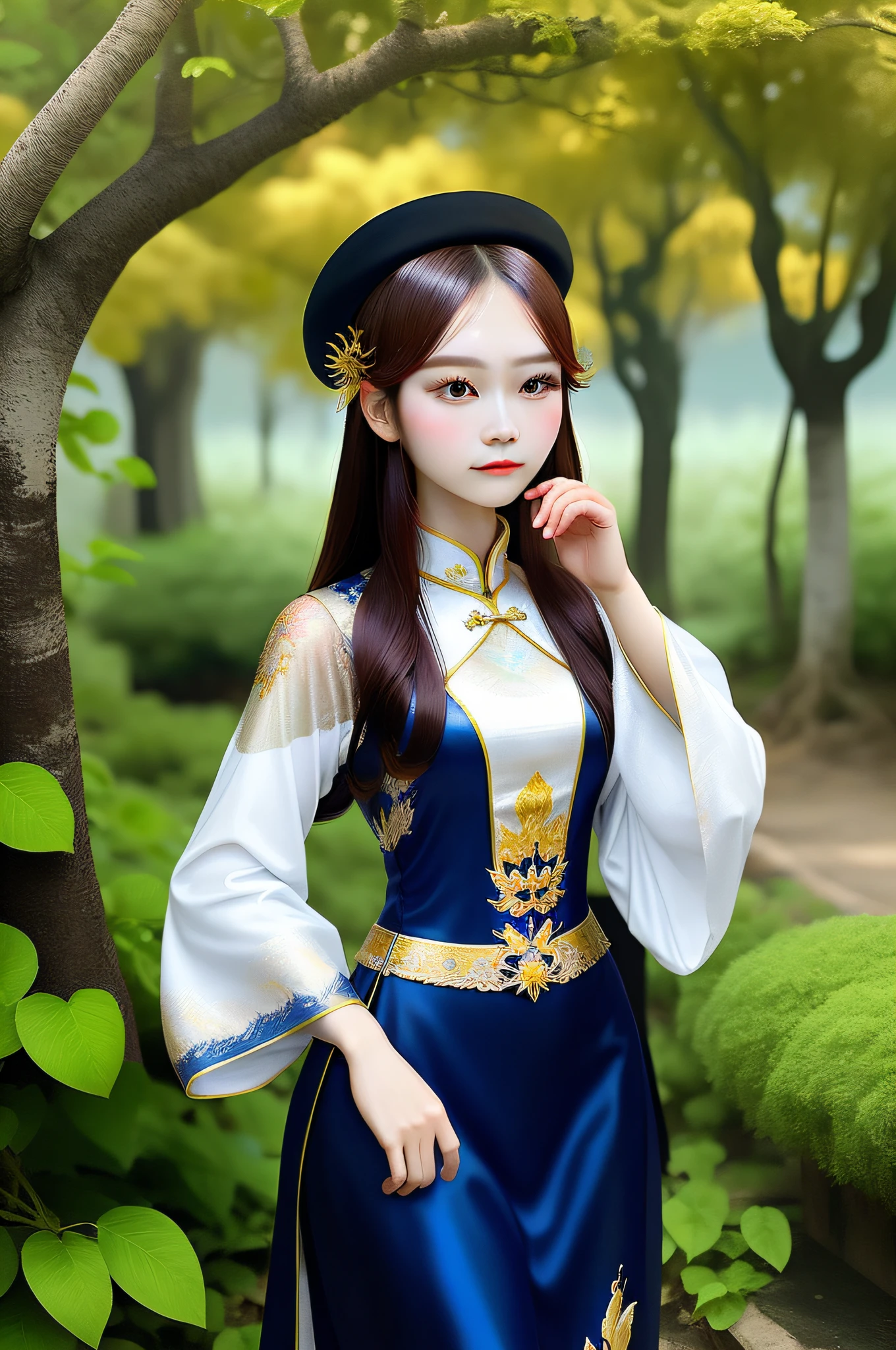 a woman in a hat and dress, vietnamese empress, vietnamese woman, vietnamese empress, fairies, inspired by vietnamese princess, traditional vietnamese, inspired by Ao Dai vietnamese, a young woman vietnamese 18 years old