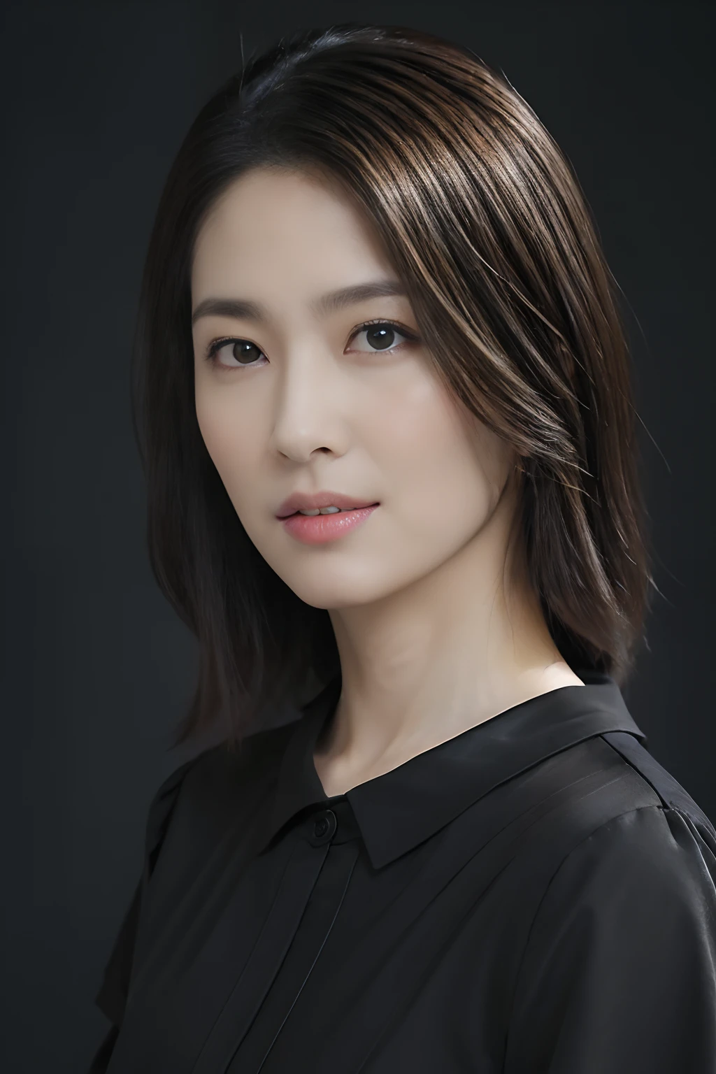 A woman with long hair and black shirt posing for a photo - SeaArt AI