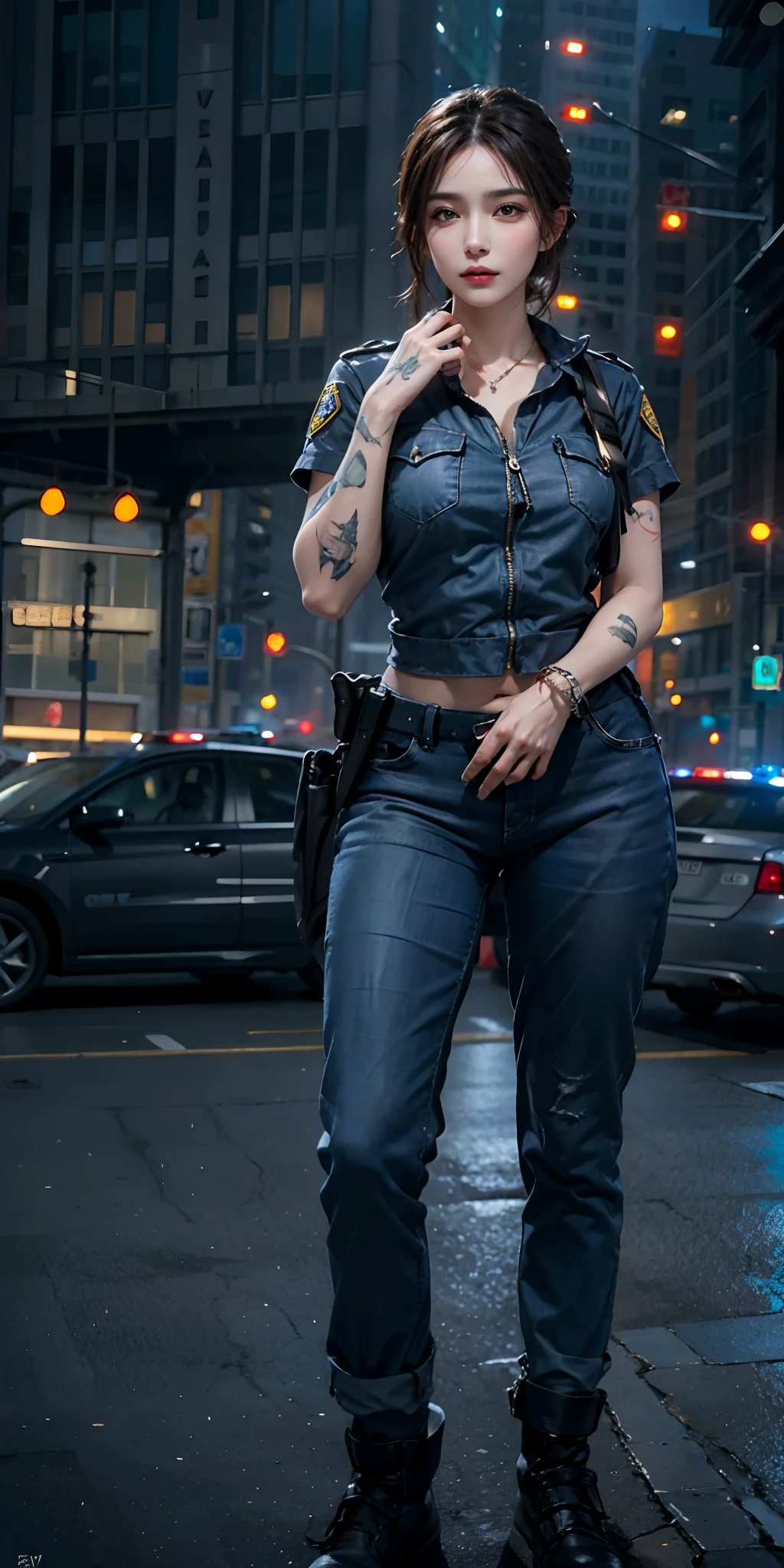 photorealistic, high resolution, soft light,1women, solo, hips up, (detailed face),tattoo, jewelry, night city, police uniform