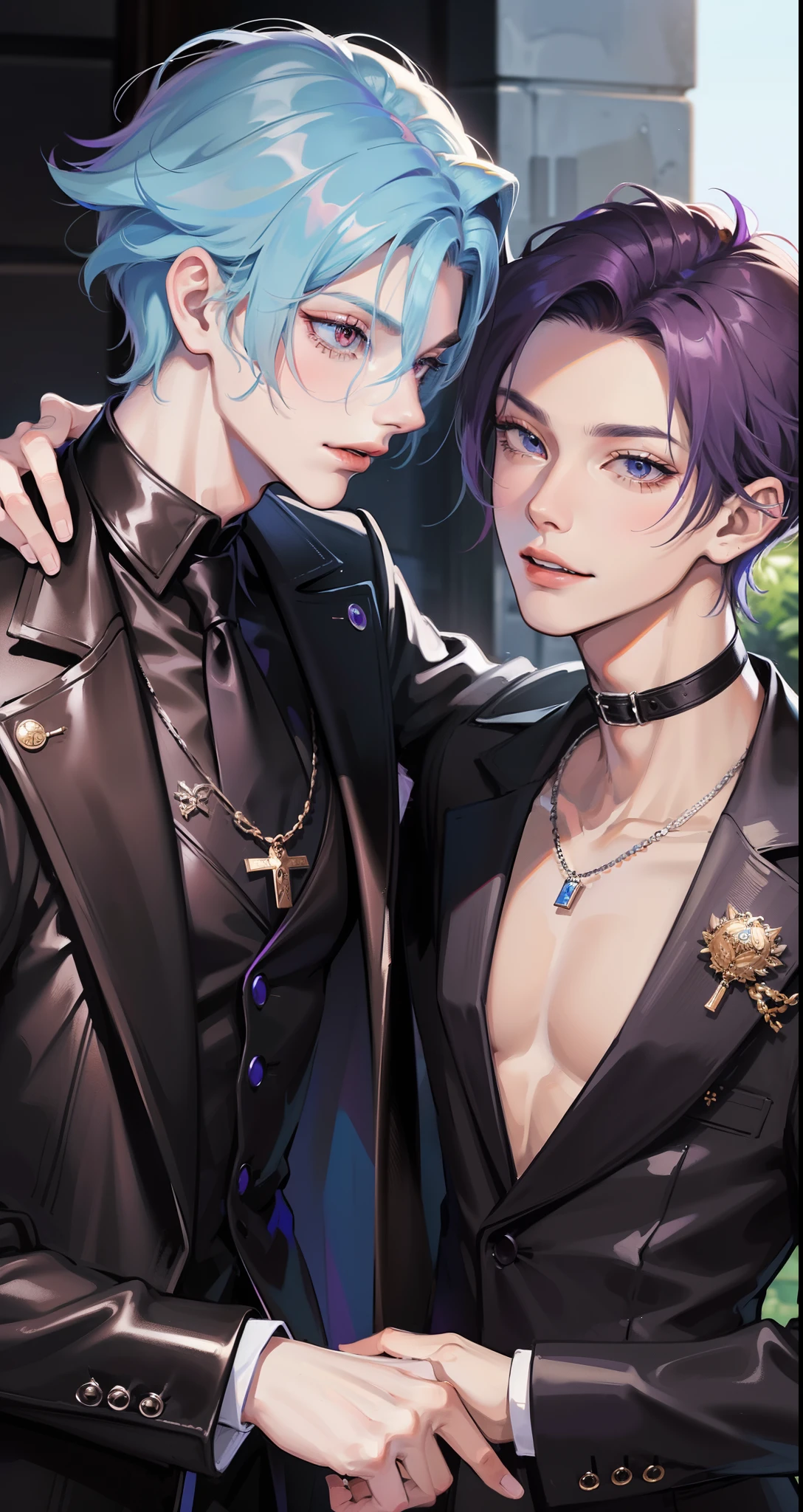 masterpiece, top-quality, 2Others, Male couple, 1 man and 1,, Adults, Height difference, different fashion, different color, finely eye and detailed face, intricate detailes, Black Butler Fashion, Modern urban streets, A smile, Happiness, tenderness, queers, Boys Love, high-level image quality、 Two beautiful men、tall、The upper part of the body、nightfall、nighttime scene、𝓡𝓸𝓶𝓪𝓷𝓽𝓲𝓬、Korean Male, k pop, Professional Photos, Vampires, Fedoman with necklace, inspired by Sim Sa-jeong, androgynous vampire, :9 detailed face: 8, extra detailed face, detailed punk hair, ((eyes are brown)) baggy eyes, Seductive. Highly detailed, semi realistic anime, Vampire butler, hyperrealistic , delicate androgynous prince, imvu, short hair above the ears, Man with short hair, With a man with bright purple hair with a wild expression, Man with light blue hair with gentle expression, With a man with bright purple hair beast ears, Man with light blue hair and beast ears, Two males with animal ears