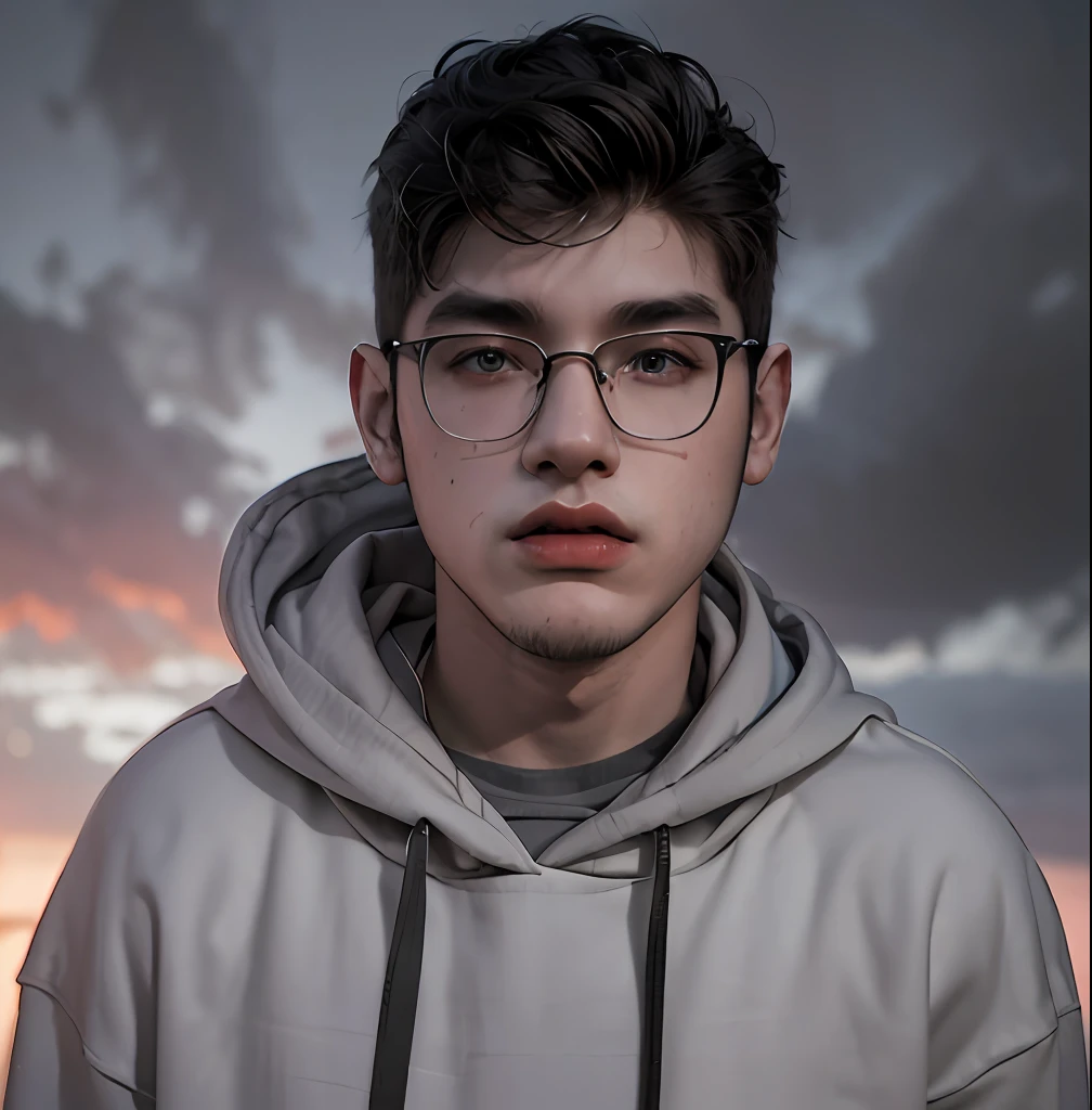 (masterpiece:1.2), (best quality:1.2), hyper realistic,highestres,absurdres,extremely detailed,volumetic,dramatic lighting,(frontal view),
20 year old boy,face,detailed eyes, grey hoodie, black t-shirt, with background ((sky))