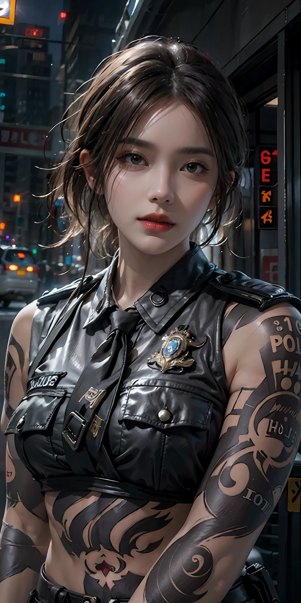 photorealistic, high resolution, soft light,1women, solo, hips up, (detailed face),tattoo, jewelry, night city, police uniform