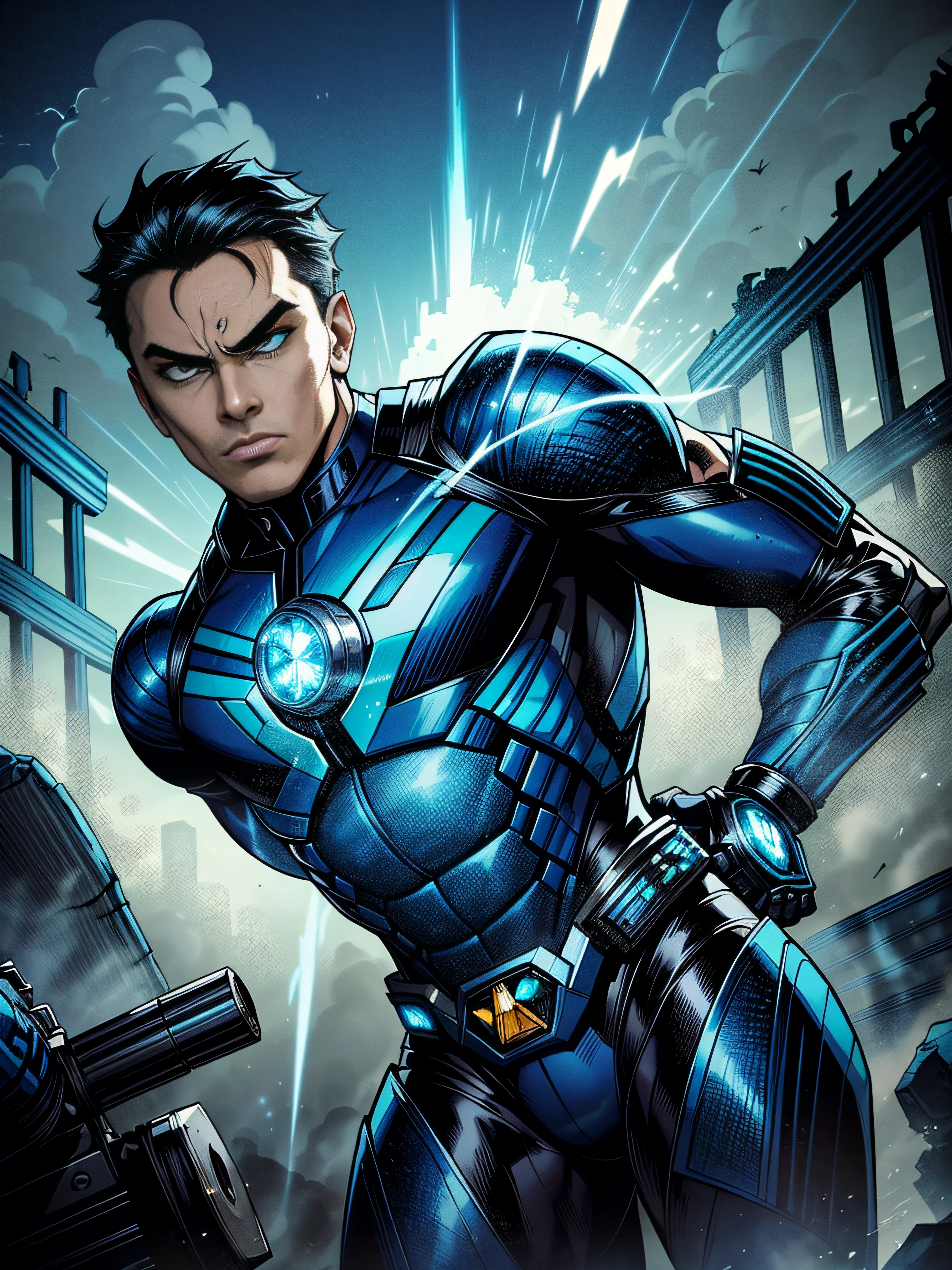(Masterpiece, best picture quality),1boy, Kamen Rider, Blue and White Color Matching, (dynamic pose | element surround:1.2), low angle view, hyper detailed, battle ruins, fierce, shock wave, outdoor, battlefield background,