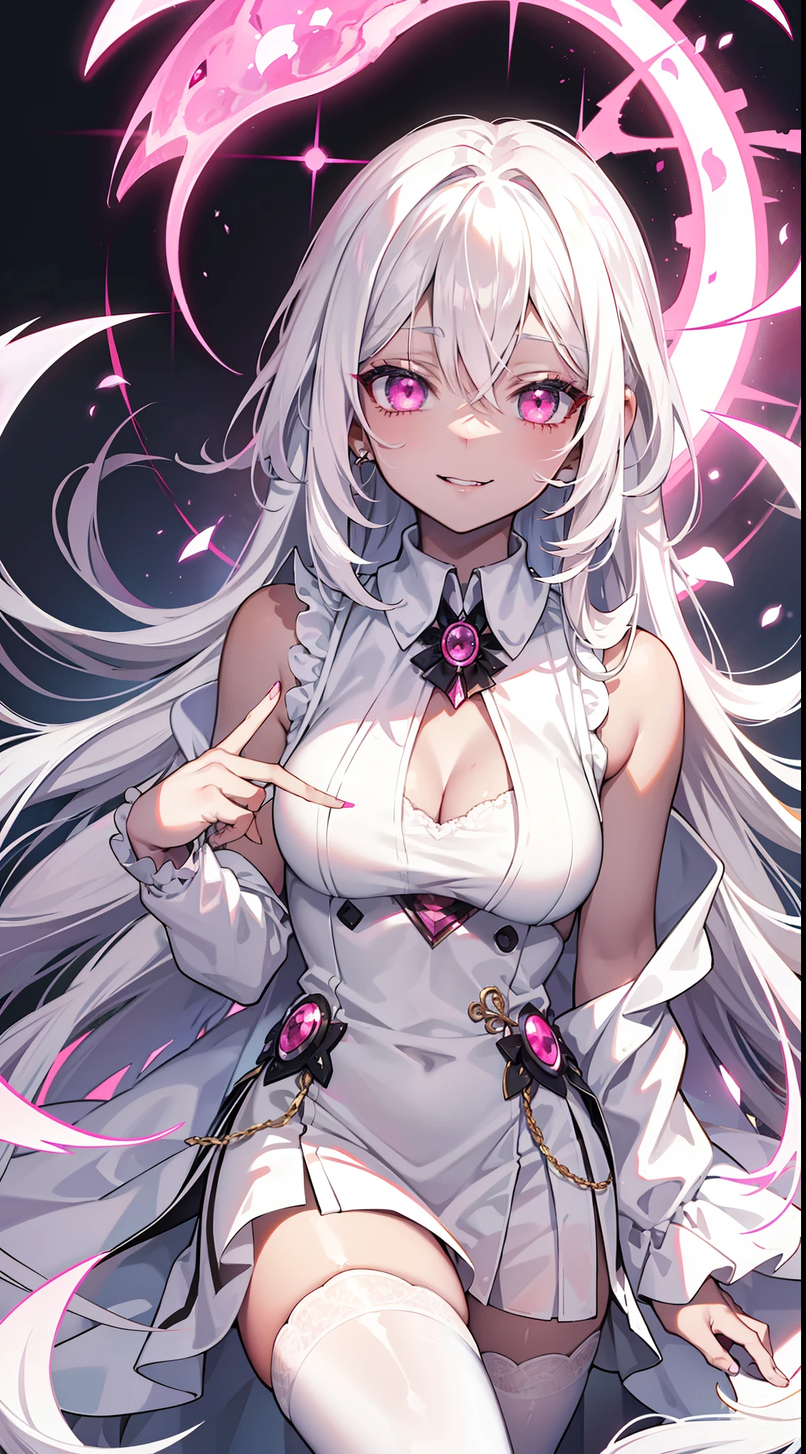 young girl, black skin, Long white hair with a pink parting, pink eyes, smirk, Vampire, White rich dress, Sleeveless, open breasts, Masterpiece, hiquality