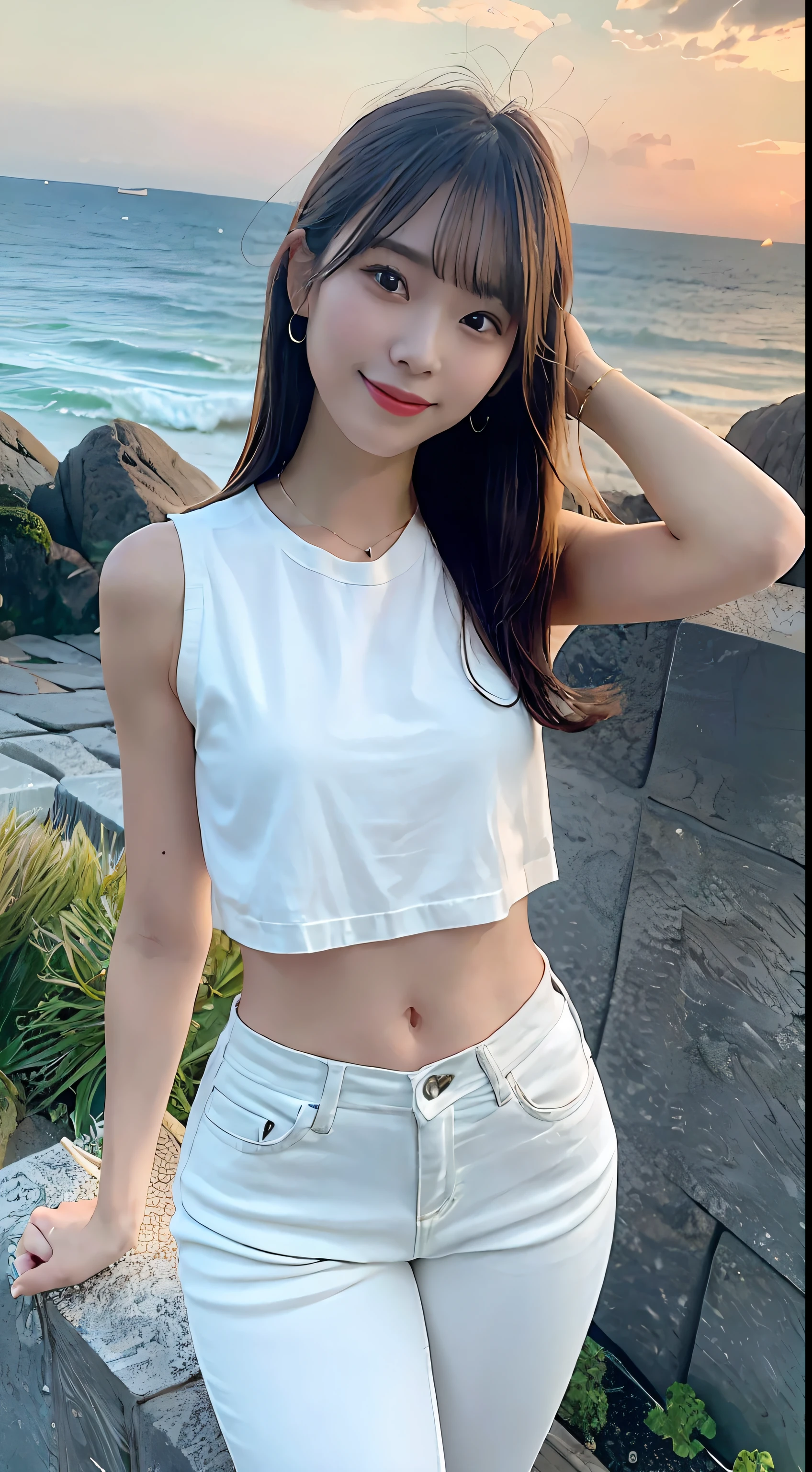 (1 Korean star with royal sister style), ((Best quality, 8K, 巨作: 1.3)), focal point: 1.2, Perfect body proportions: 1.4, (Make a smile), (Ray traching),Watery eyes, Highly Detailed Face and Skin Textur, Fine eyes, Double eyelids, Whitens the skin, (long whitr hair, Air bangs: 1.3), (face round: 1.5), (White navel t-shirt,Skirt that wraps hips: 1.4), (Sitting by the sea: 1.6),(black lence stockings: 1.4),(film grain style:1.3),a sense of atmosphere,The sea is clear,with blue sky and white clouds