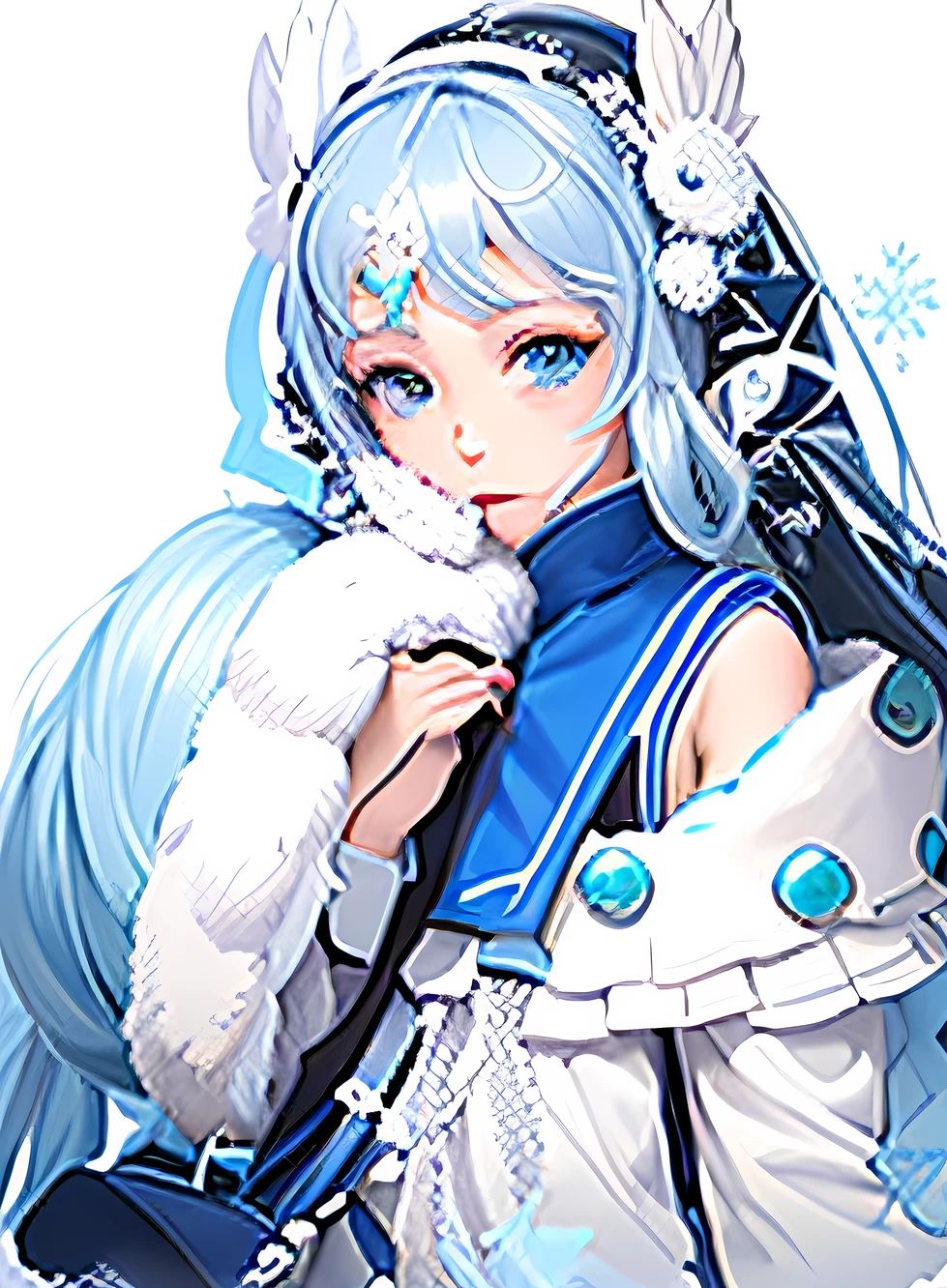 Anime girl with blue eyes and white coat holding bag, winter princess, Pisif, anime moe art style, Official artwork, goddess of winter, Loli, onmyoji portrait, Portrait Chevaliers du Zodiaque Fille, Ice Mage, Winter queen, made with anime painter studio, Hestia, crystal maiden, freezing blue skin, Pisif style, offcial art