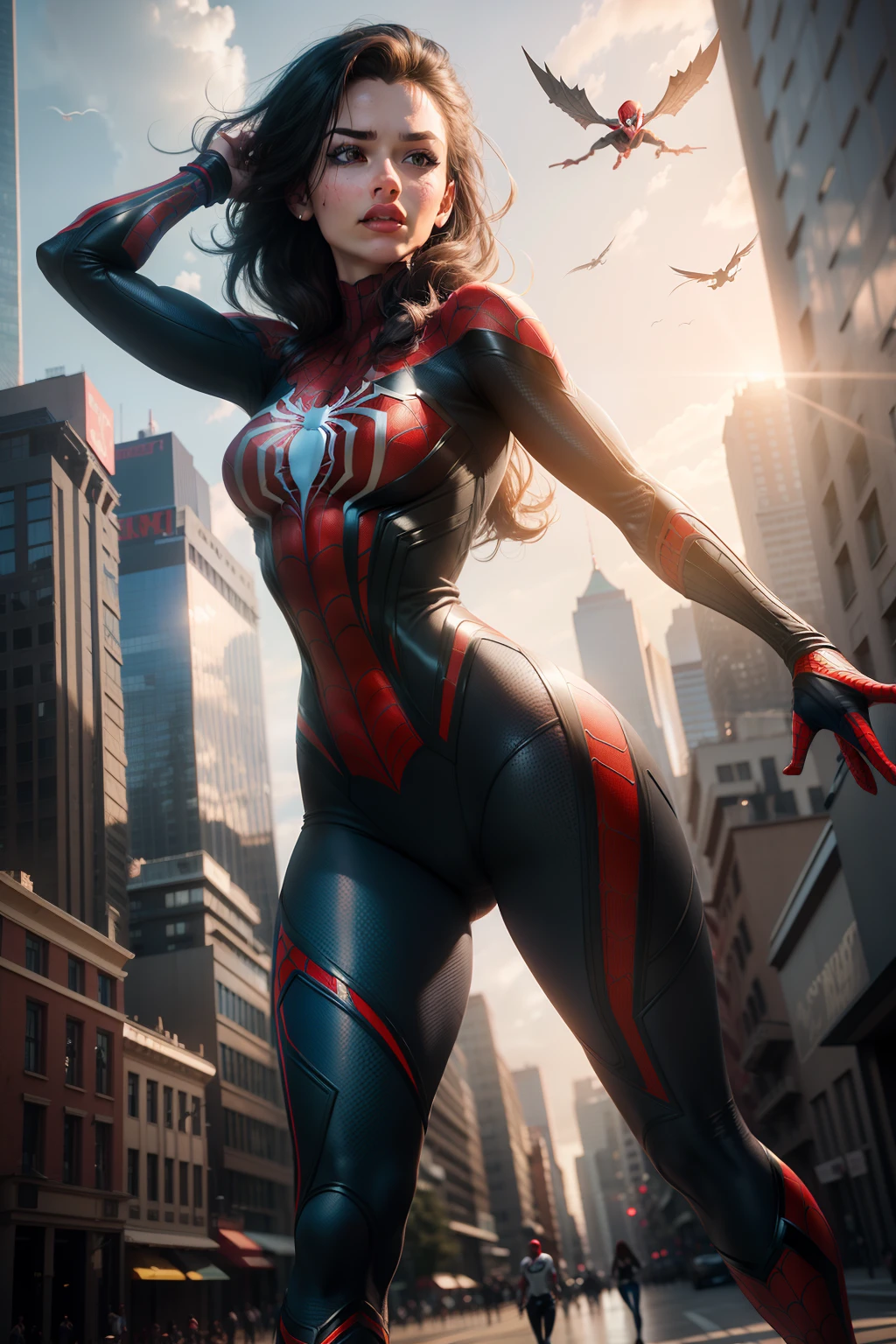 (Masterpiece, 4k resolution, ultra-realistic, very detailed), (White superhero theme, charismatic, there's a girl on top of town, wearing Spider-Man costume, she's a superhero), [ ((25 years), (long white hair:1.2), full body, (blue eyes:1.2), ((Spider-Man pose),show of strength, jumping from one building to another), ((sandy urban environment):0.8)| (cityscape, at night, dynamic lights), (full moon))] # Explanation: The Prompt mainly describes a 4K painting of ultra-high definition, very realistic, very detailed. It shows a superheroine at the top of the city, wearing a Spider-Man costume. The theme in the painting is a white superhero theme, the female protagonist has long white hair, is 25 years old and her entire body is shown in the painting. In terms of portraying the actions of superheroines, spiders are employed