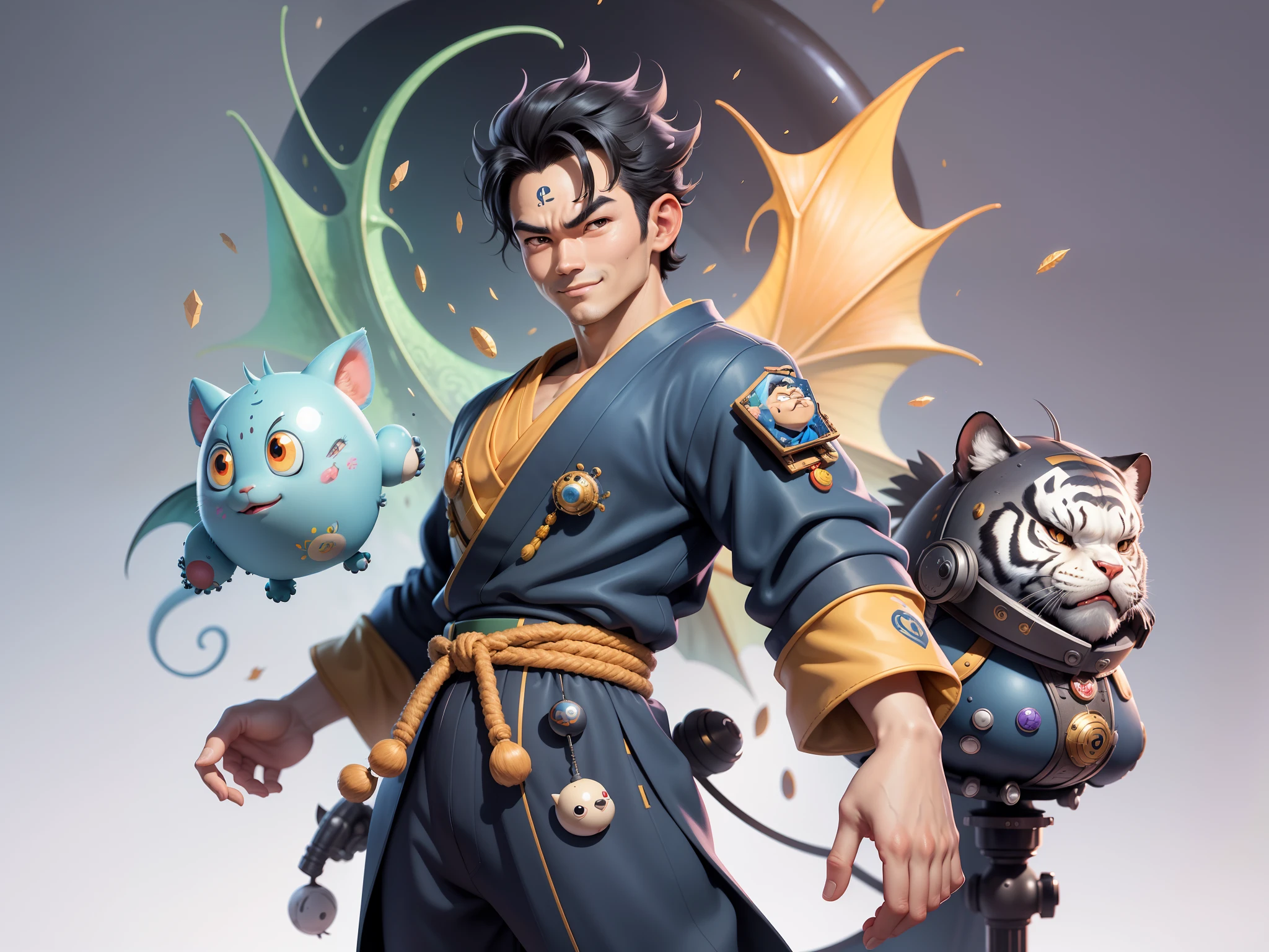 (Masterpiece), (Excellent), (Super Meticulous), (Full Body: 1.2), Super Young Man, Oriental Face, Japanese Kimono, Japanese Wind Thunder God, Dragon, Tiger, TV Anchor, Bust Portrait Illustration, Alone, Black Suit, Blue Tie, Slightly Chubby Face, Very Clean Face, No Beard, Black Super Short Hair, Black Eyes, Confident Smile, 3c Computer Sub-Products, iPad, iPhone, Digital Painting, 3D Character Design by Akira Toriyama and Mark Claireden and Pixar and Hayao Miyazaki, The illustration is a high-definition illustration in 4K resolution with very detailed facial features and cartoon-style visuals.
