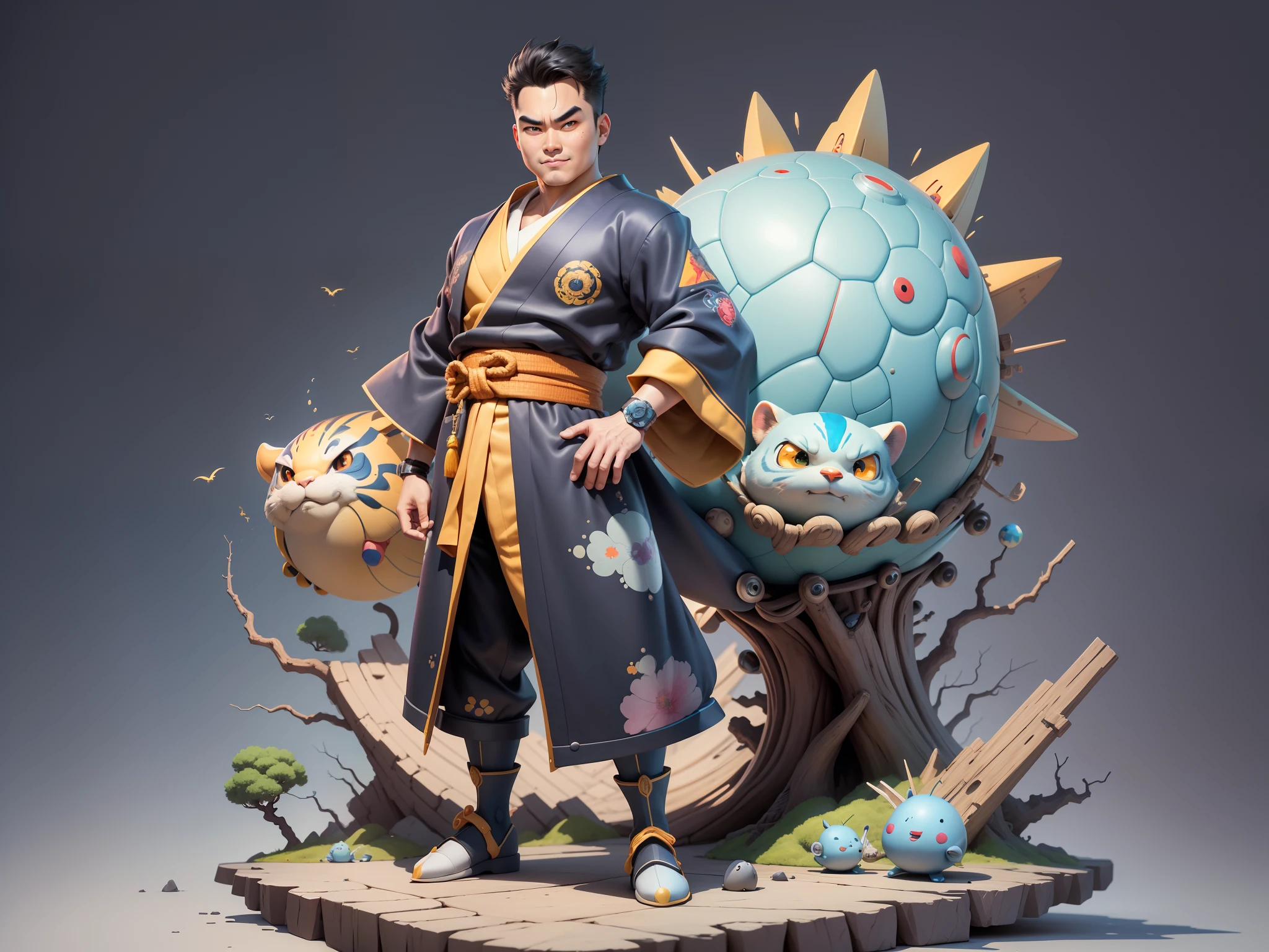 (Masterpiece), (Excellent), (Super Meticulous), (Full Body: 1.2), Super Young Man, Oriental Face, Japanese Kimono, Japanese Wind Thunder God, Dragon, Tiger, TV Anchor, Bust Portrait Illustration, Alone, Black Suit, Blue Tie, Slightly Chubby Face, Very Clean Face, No Beard, Black Super Short Hair, Black Eyes, Confident Smile, 3c Computer Sub-Products, iPad, iPhone, Digital Painting, 3D Character Design by Akira Toriyama and Mark Claireden and Pixar and Hayao Miyazaki, The illustration is a high-definition illustration in 4K resolution with very detailed facial features and cartoon-style visuals.