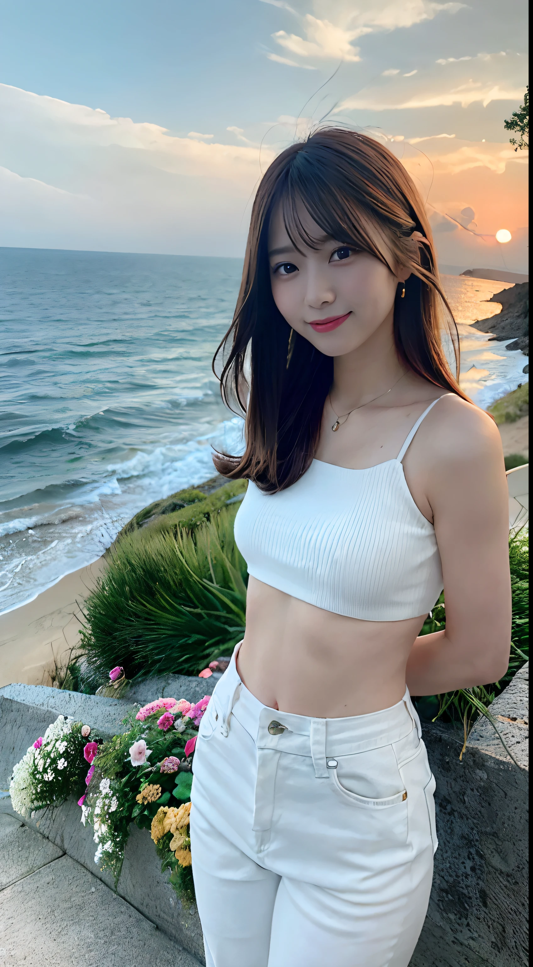 "Draw a beautiful woman with a girl in a white bra and tight jeans，Keep your arms behind your back，full bodyesbian，Slender legs，Small white shoes，With a cropped T-shirt、brassier，Slim body，Smaller bust，Slim girl model，24 years old female model，Stand on a hill overlooking the sea at dusk, smiling and letting her hair flutter in the wind. The orange light of the setting sun envelops her, making her feel calm and happy. The sea is slowly undulating, and the sound of the waves is a pleasant sound. Elegant flowers and plants bloom around the woman, harmonizing with the beauty of nature. This image conveys a sense of silence and happiness, And depicts a serene scene，Bring relaxation and peace to the audience."