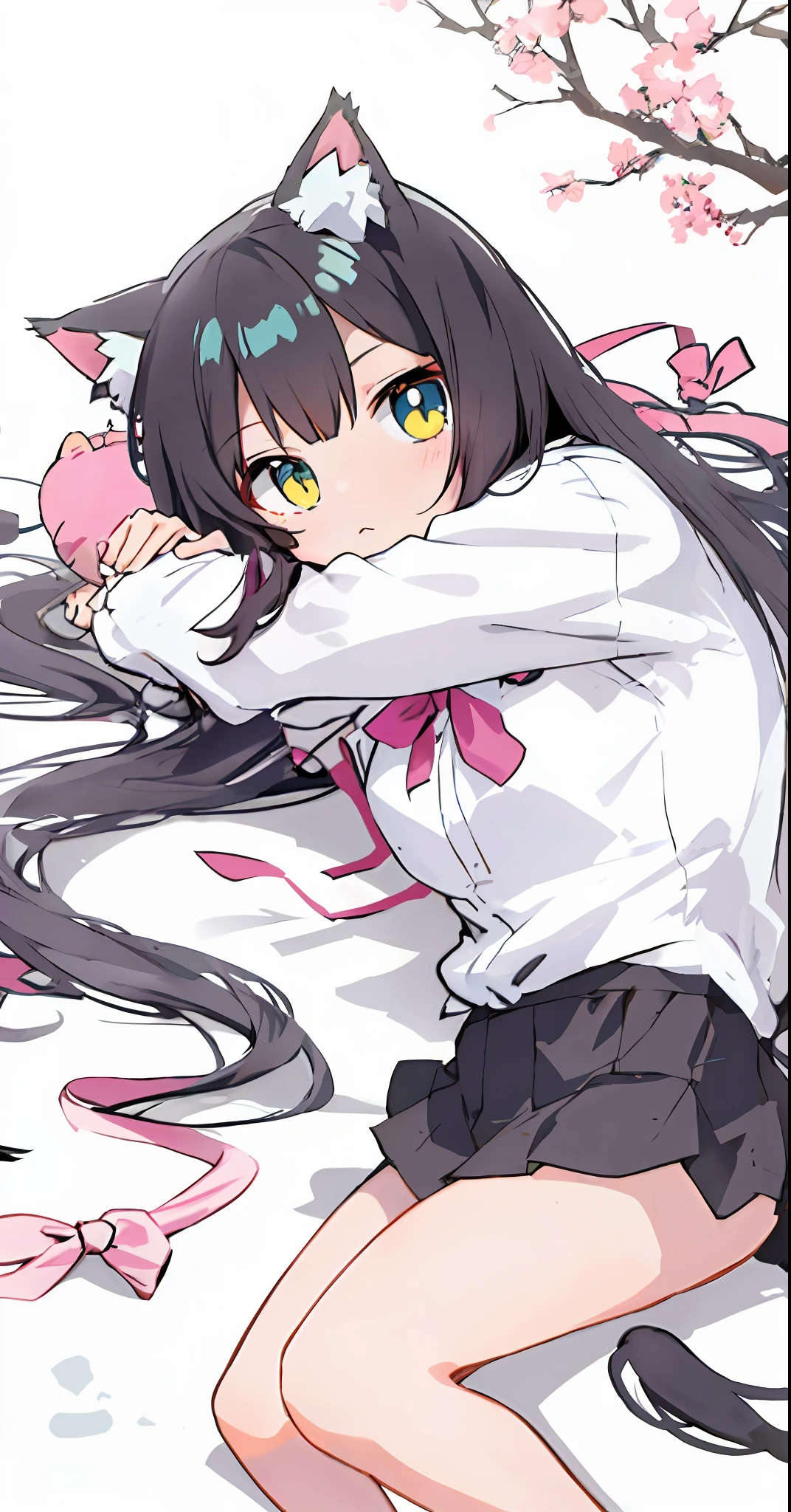 Anime characters lying on the ground,She has long black hair, Anime cat girl in white shirt, cute anime catgirl, Cute!! tchibi!!! Cat woman, anime catgirl, Very beautiful anime cat girl, anime cat, Anime moe art style, beautiful anime catgirl, very beautiful cute catgirl, anime girl with cat ears, Cat girl, ahri, nekomimi