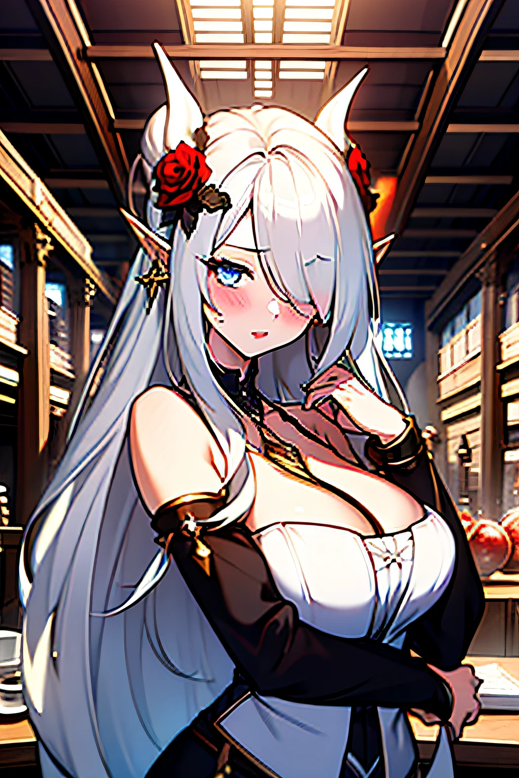 1girl, ahoge, blue eyes, blush, dress, eyes visible through hair, flat chest, hair over eyes, heterochromia, jewelry, necklace, own hands together, pointy ears, short ponytail, solo, spaghetti strap, white dress, white hair, BREAK indoors, counter, adventurer's guild, (fantasy setting, priestess, adventurer:1.2), holding staff, hair flower, comfy, a sense of depth, spacious room, superb, extremely detailed, intricate, best quality masterpiece