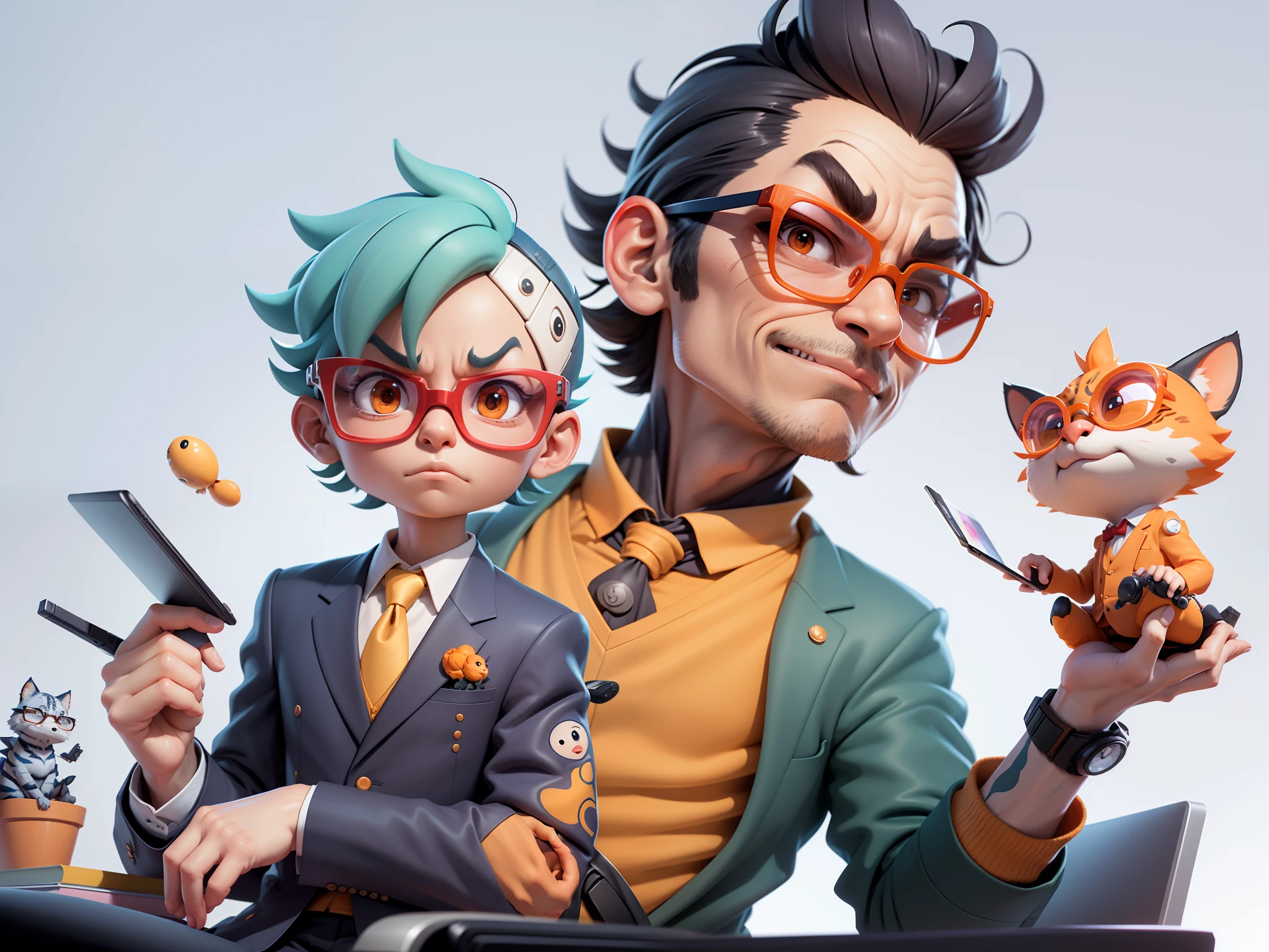 A young man in a suit and pants, Short hair and glasses sat at his desk，holding laptop，digitial painting，tigre，3D character design by Mark Clairen and Pixar and Hayao Miyazaki and Akira Toriyama，4K HD illustration，Very detailed facial features and cartoon-style visuals。