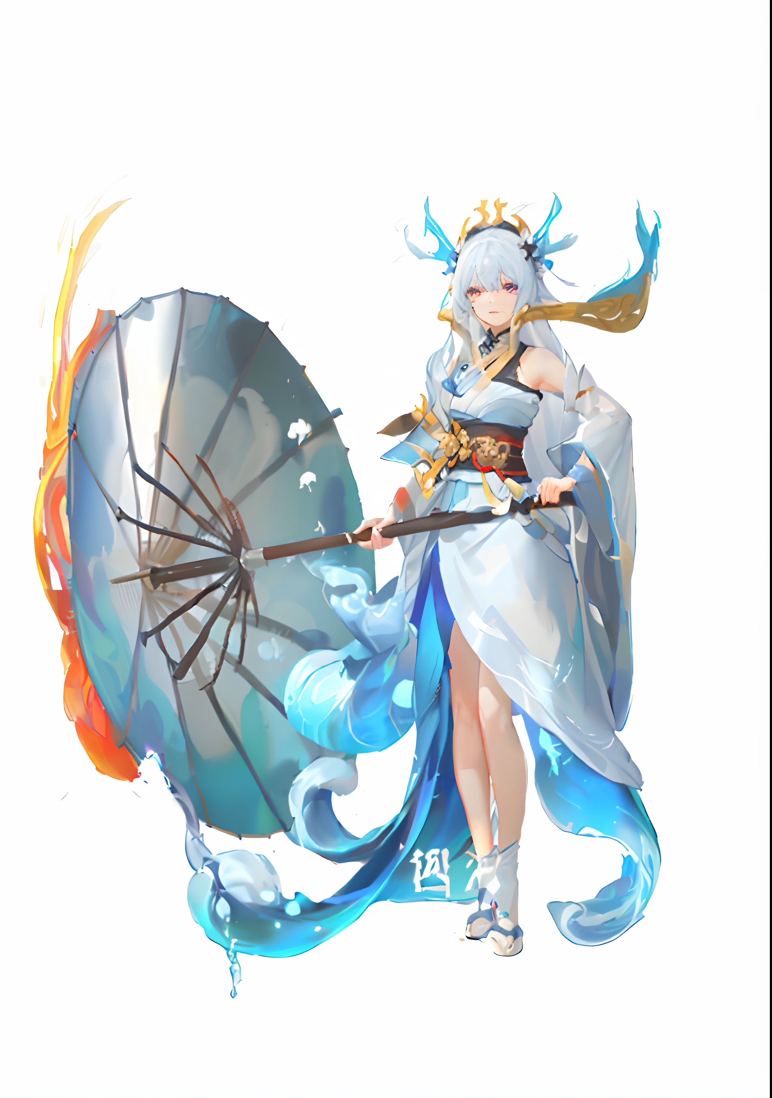 It has blue horns on its head,Anime girl with umbrella and dragon wings with sticks, queen of the sea mu yanling, full-body xianxia, Asian Woman Water Elemental, onmyoji, lunar themed attire, Onmyoji detailed art, white-haired god, 3 d goddess minerva, Keqing from Genshin Impact, heise jinyao, mystical atlantean valkyrie