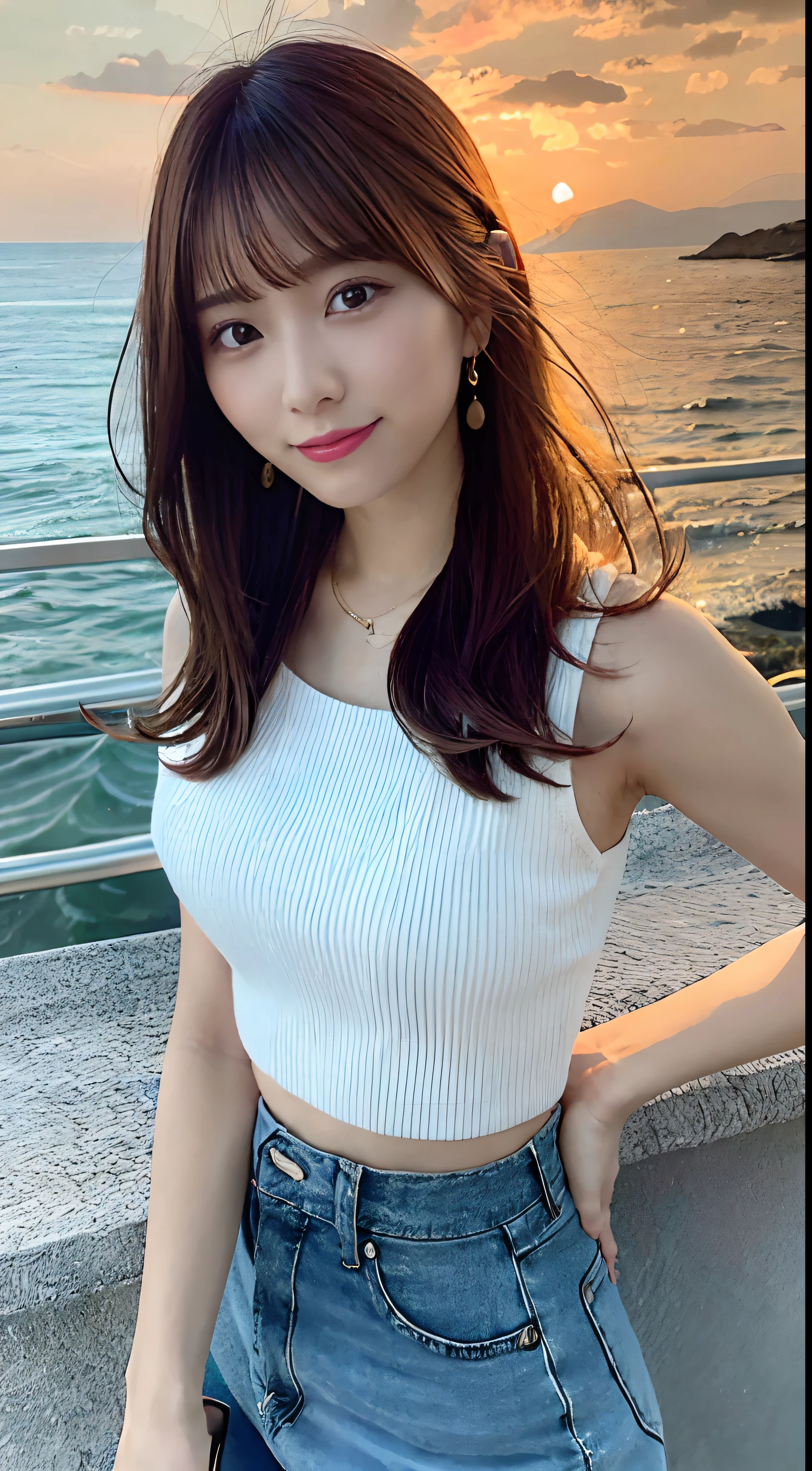 "Draw a beautiful woman with a girl in a white bra and tight jeans，Keep your arms behind your back，full bodyesbian，Slender legs，Small white shoes，With a cropped T-shirt、brassier，Slim body，Smaller bust，Slim girl model，24 years old female model，Stand on a hill overlooking the sea at dusk, smiling and letting her hair flutter in the wind. The orange light of the setting sun envelops her, making her feel calm and happy. The sea is slowly undulating, and the sound of the waves is a pleasant sound. Elegant flowers and plants bloom around the woman, harmonizing with the beauty of nature. This image conveys a sense of silence and happiness, And depicts a serene scene，Bring relaxation and peace to the audience."