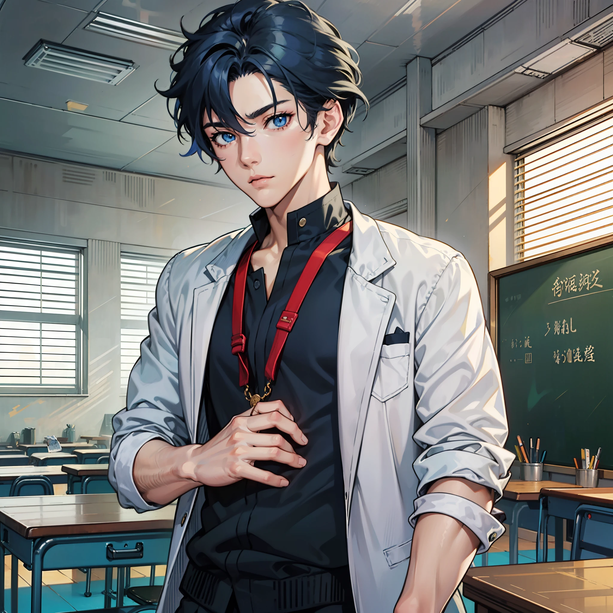 Anime boy surprised，placket， ig studios anime style, nightcore, style of anime4 K, High quality anime art style, Anime boy, young anime man, Anime art style, Digital anime illustration, Anime style. 8K, in an anime style, male anime character, Kawasi，best qualtiy：1.0），（超高分辨率：1.0），Anime boys，with short black hair，blue color eyes，‎Classroom，blackboards，classroom desk，hyper HD