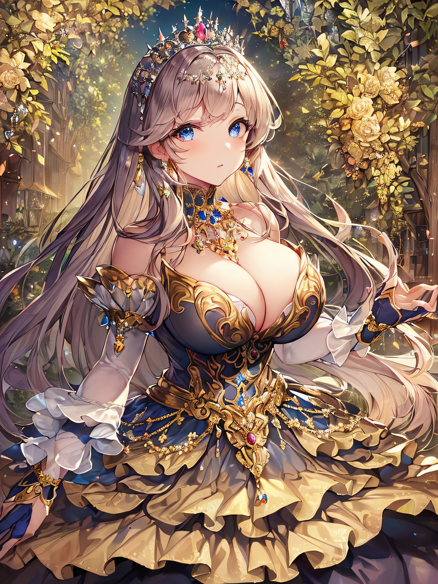 ((anime artstyle)),(Masterpiece),(Best Quality), (Super Detail),((Very Delicate and Beautiful)),(((Solo))),((full body portrait)),((1 princess in gorgeous princess rococo ballgown with voluminous full length hoop skirt)),((crinoline)),Long train,(((standing in garden))),(gorgeous gemstone jewelry),detailed face and eyes,jewel-like eyes,((large amount of straight hair,extremely voluminous Hair,Very Long Straight Hair)),((gigantic tits,Long tits)),cleavage,extremely gorgeousfull hair ornament,((bling-bling extremely gorgeousfull jeweled tiara)),((Dynamic Angle)),Looking at viewer,,flowers,flower petals flowing,((gorgeous princess rococo ballgown with voluminous full length hoop skirt))